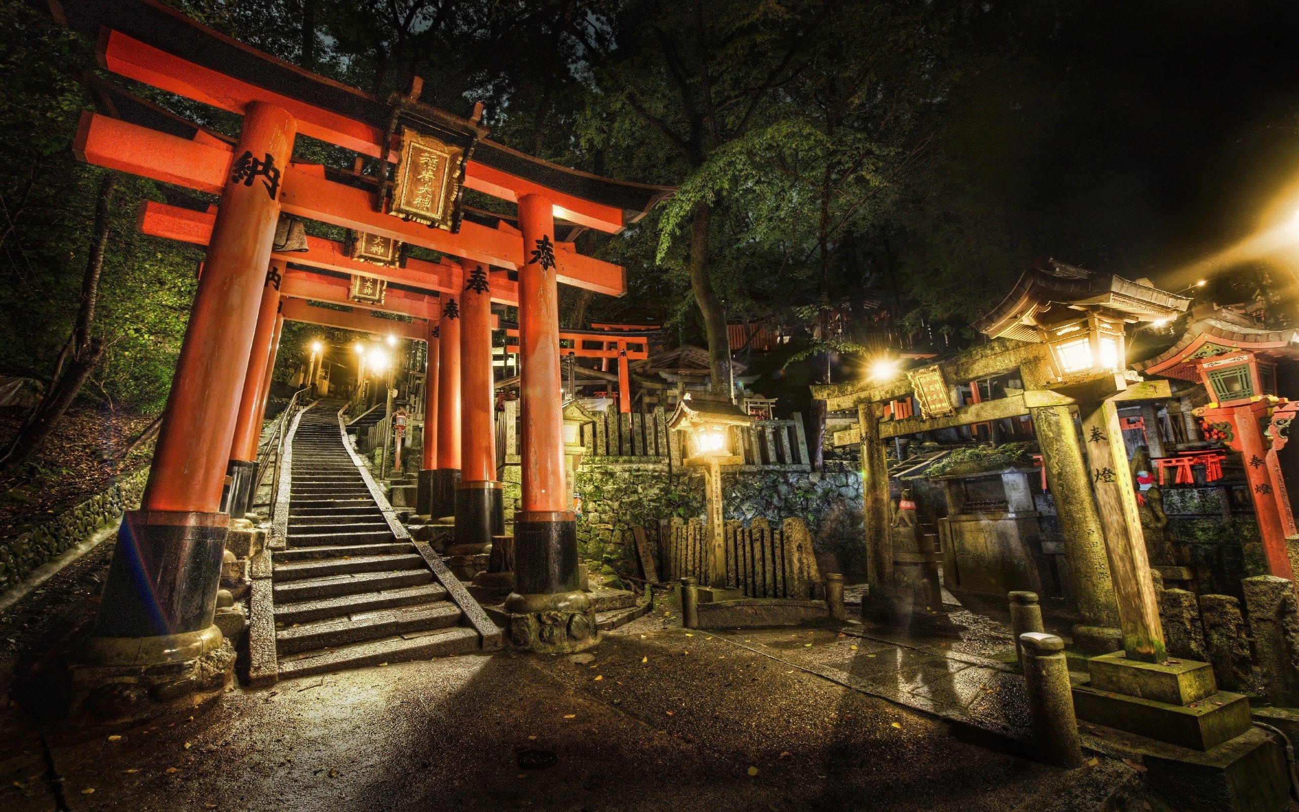 2560x1600 Japan night stairways shrine Kyoto torii cemetery torii gate, Desktop