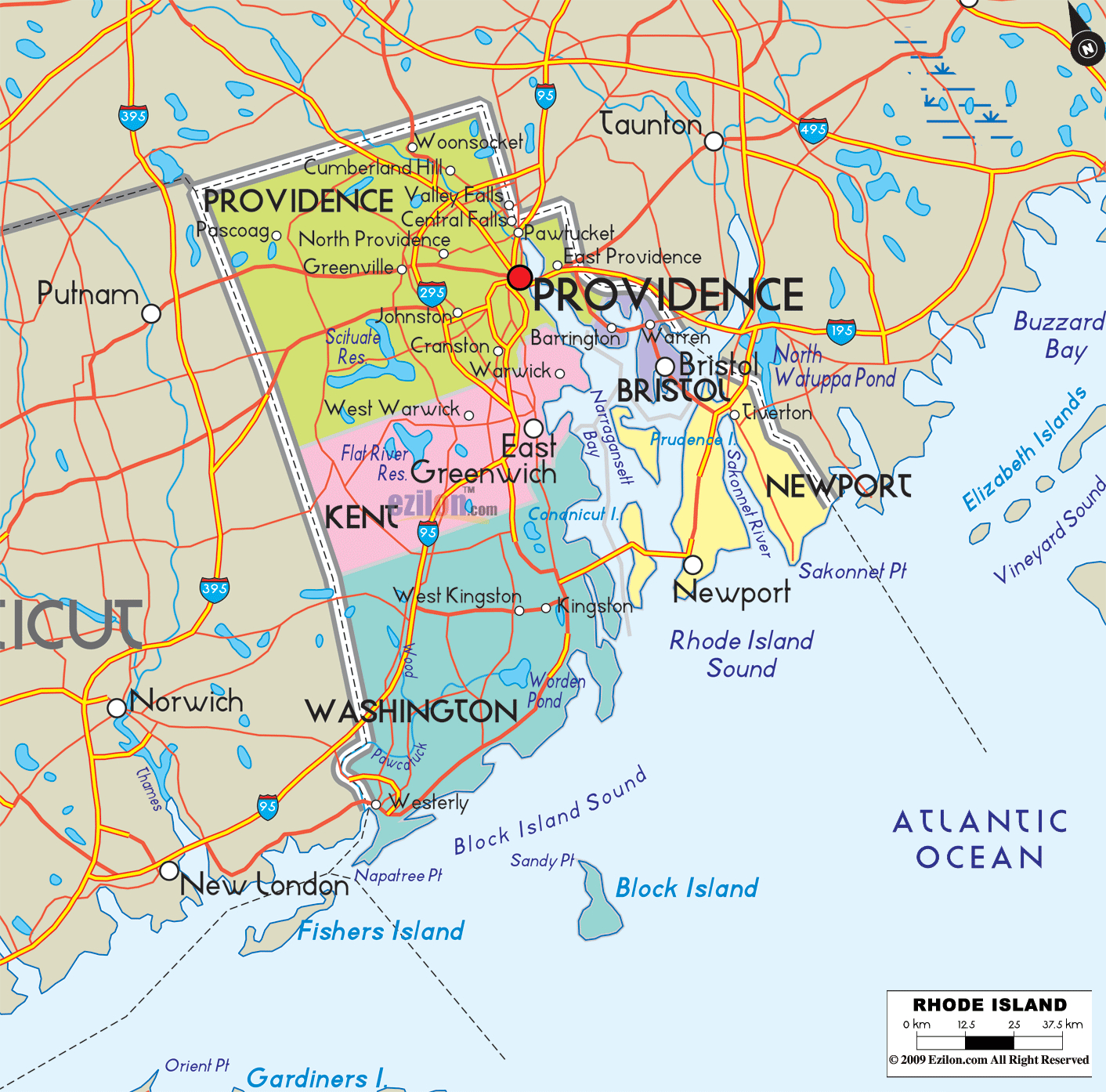 1420x1400 Road Map Rhode Island, Desktop