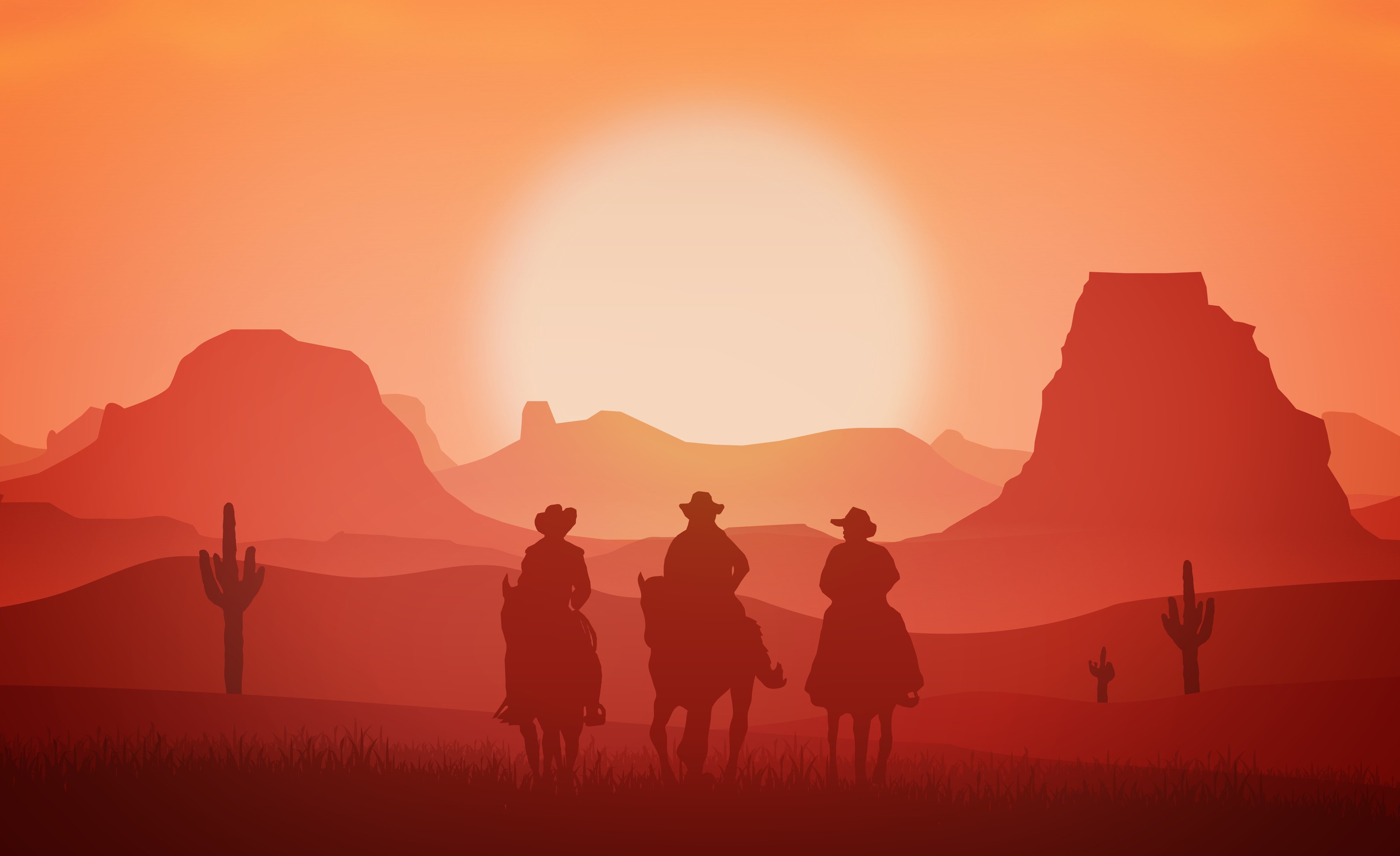 4010x2460 Wallpaper Wild West, Cowboys, Horses, Sunset, Western, 4K, Minimal, Desktop