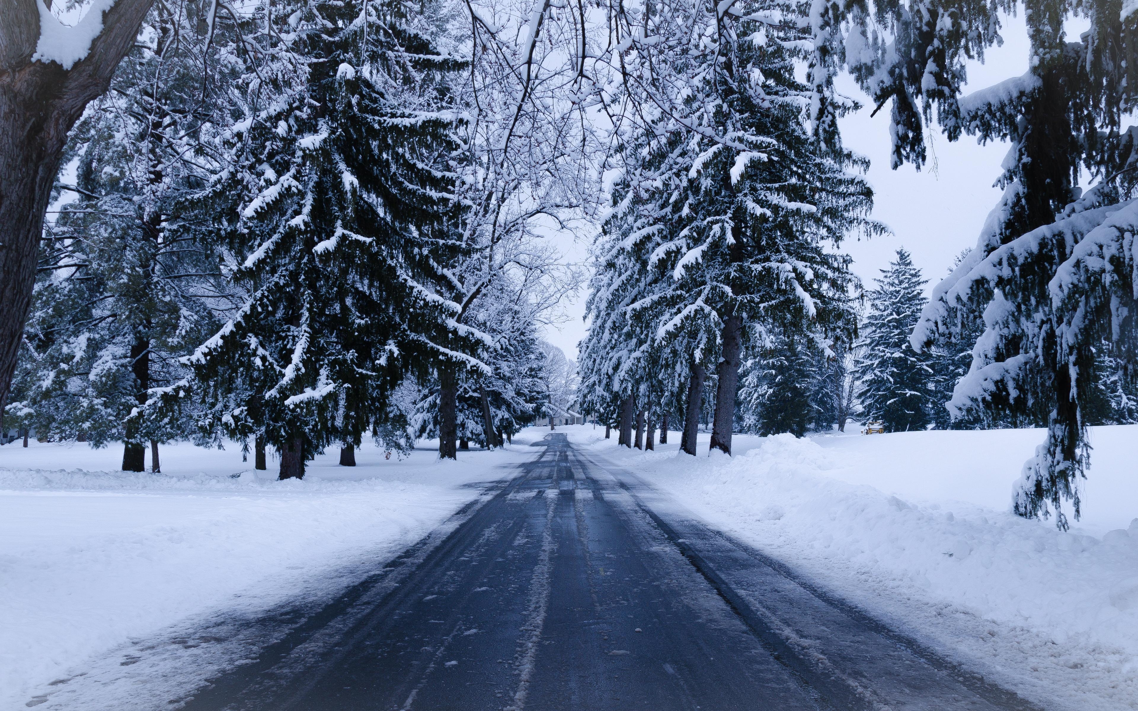 3840x2400 Download wallpaper  winter, road, snow, trees, Desktop