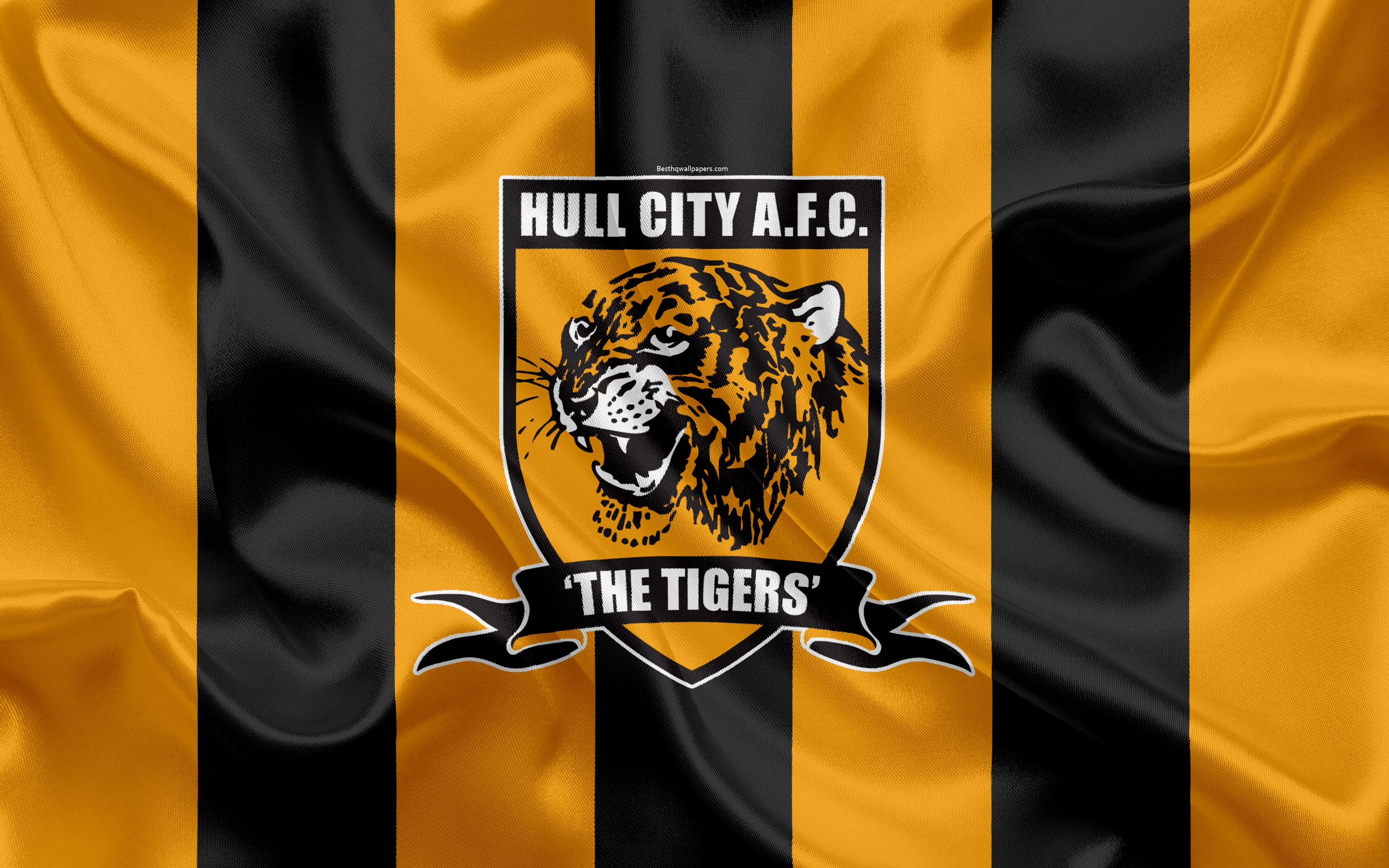 3840x2400 Download wallpaper Hull City FC, Silk Flag, Emblem, Logo, 4K, Kingston upon Hull, East Riding of Yorkshire, England, UK, English Football Club, Football League Championship, Second League, Football for desktop with resolution, Desktop