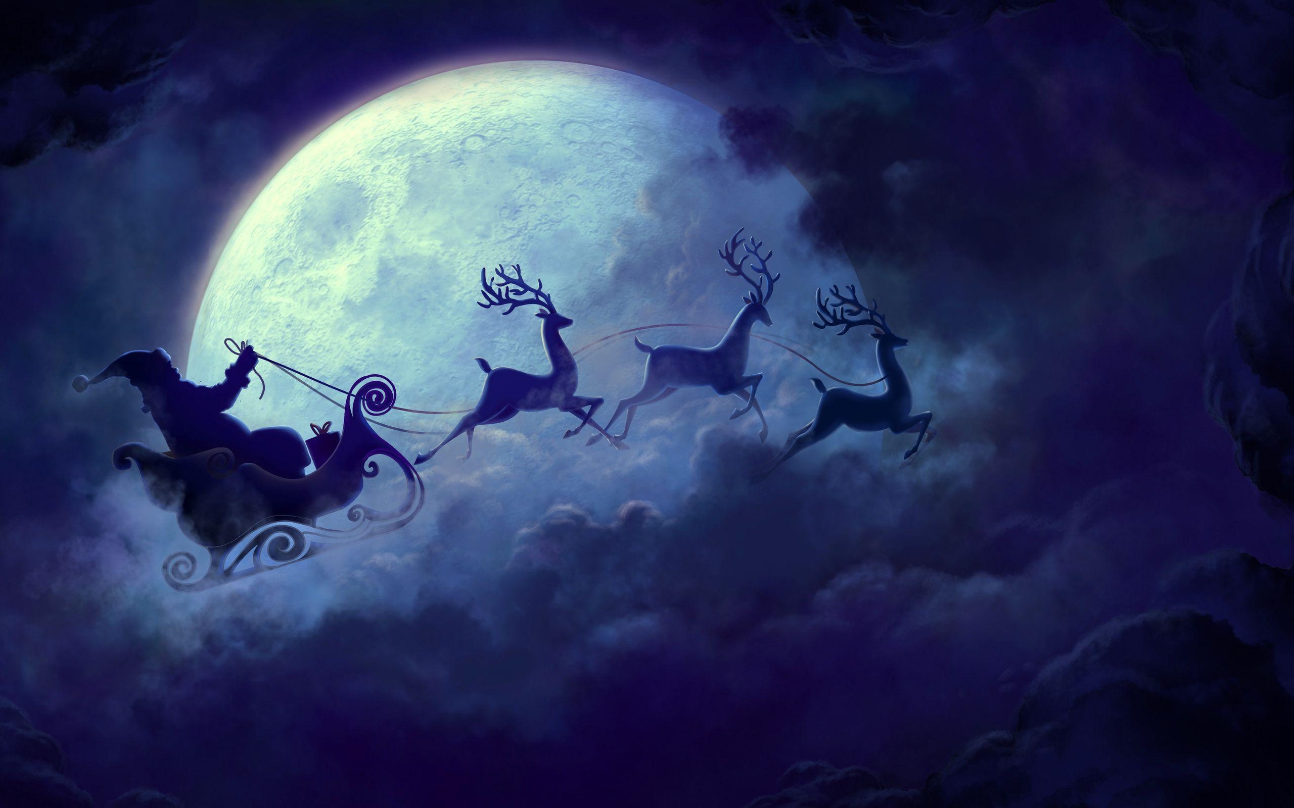 2560x1600 Wallpaper Santa Claus, Reindeer Chariot, Full moon, HD, Celebrations, Desktop