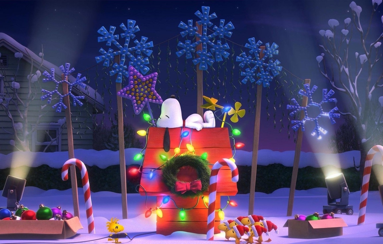 1340x850 Wallpaper lights, christmas, puppy, bird, dog, flowers, snow, cartoon, cap, friendship, friends, december, cold, spotlights, hana - for desktop, section фильмы, Desktop