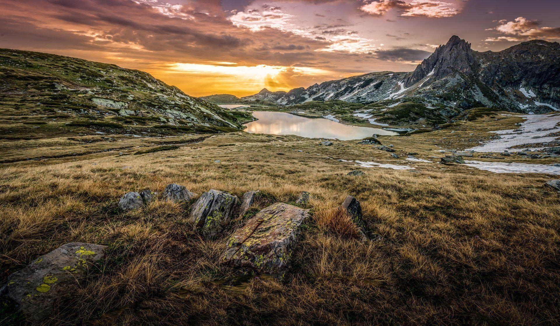 1920x1120 bulgaria mountain stones grass lake sunrise clouds HD wallpaper, Desktop