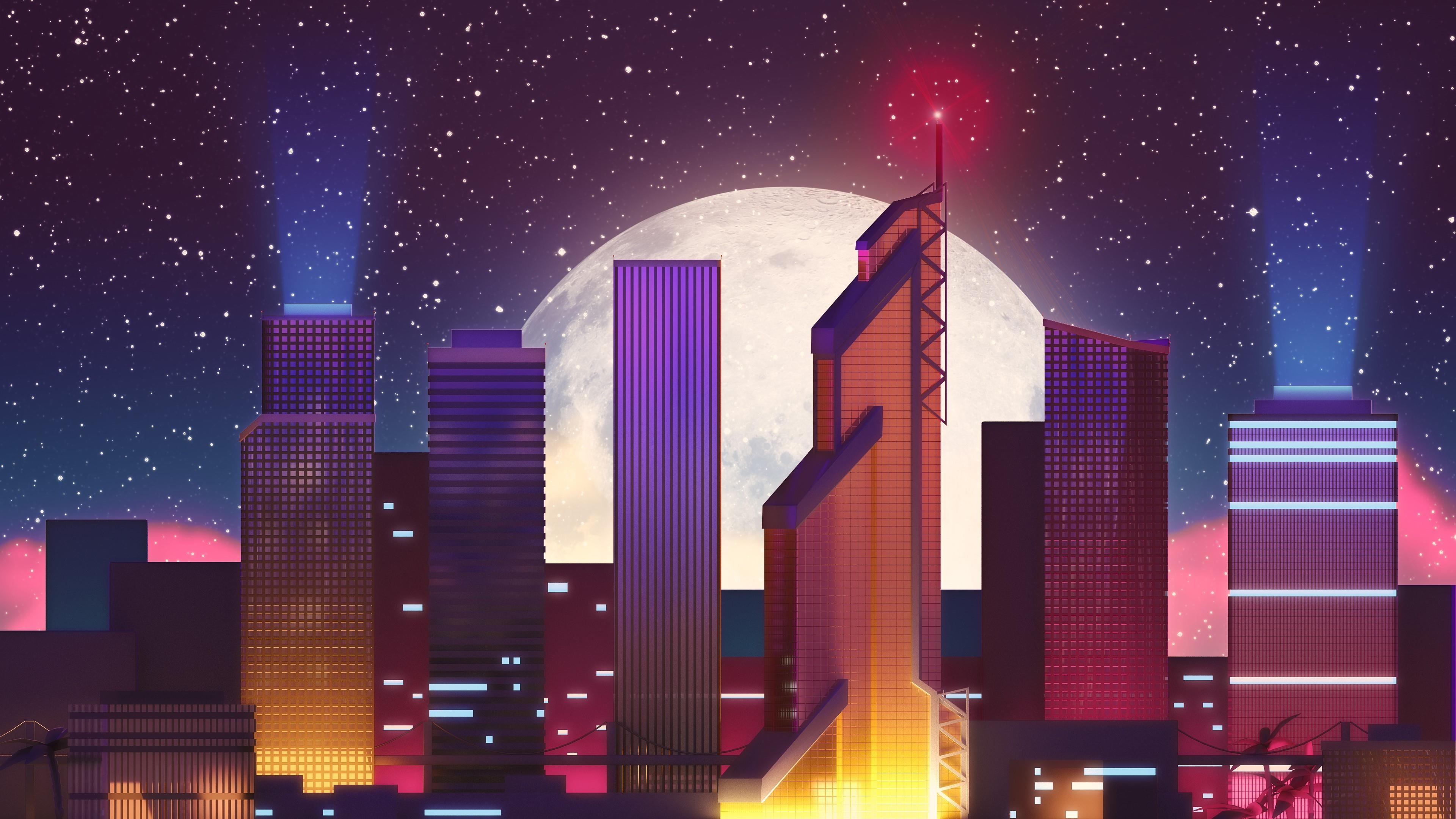 3840x2160 Synthwave City Artwork, Desktop