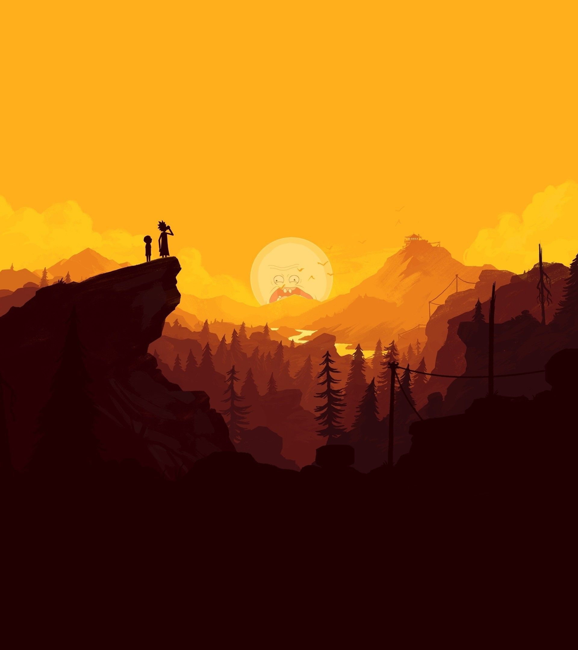 1920x2160 Download  Firewatch, Silhouette, Mountain, Minimal, Sun, Artwork, Landscape Wallpaper, Phone