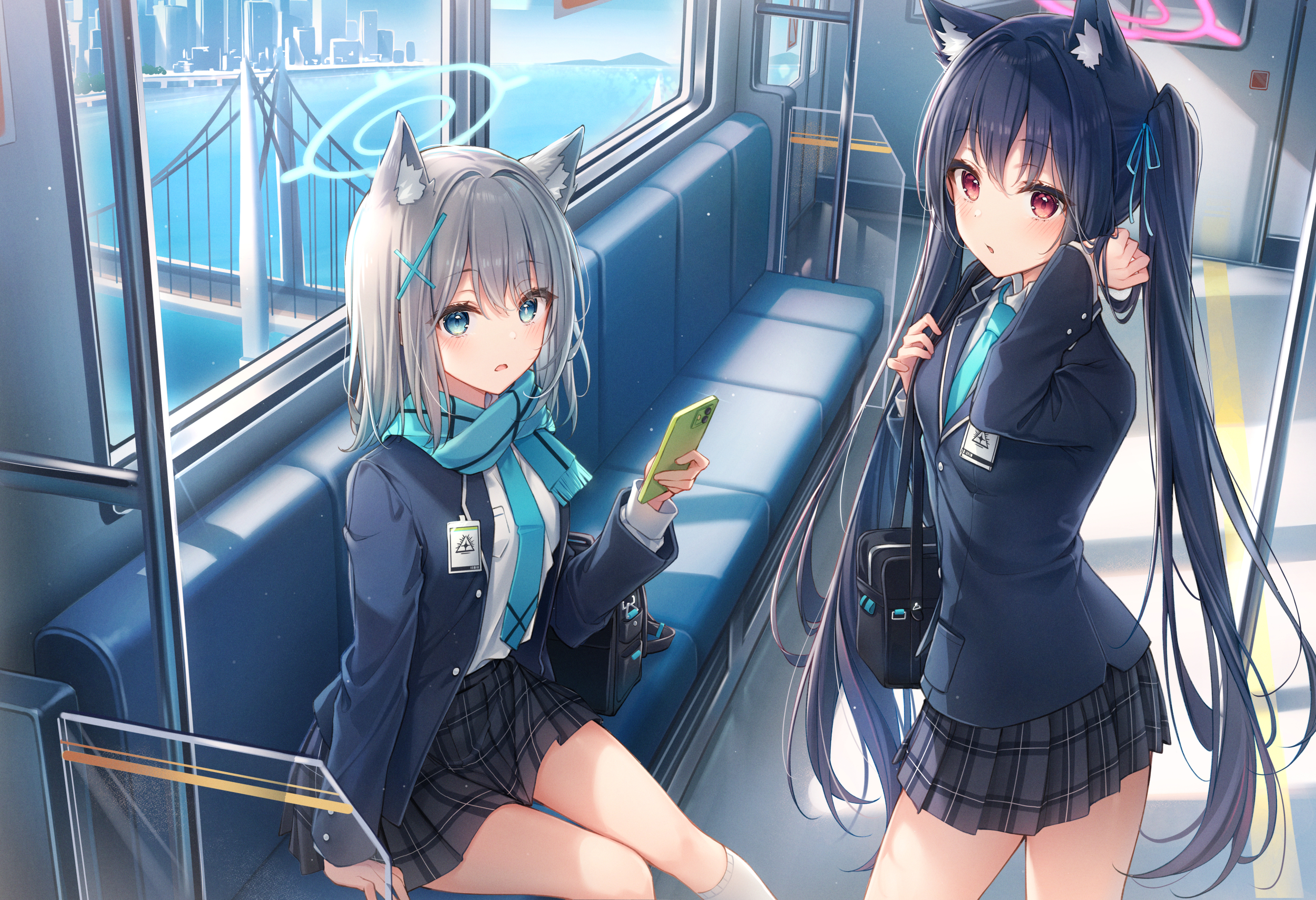 2500x1710 2girls animal ears blue archive blue hair building city dangmyo gray hair halo kuromi serika long hair phone red eyes scarf school uniform skirt sunaookami shiroko tie train twintails water. konachan.com, Desktop