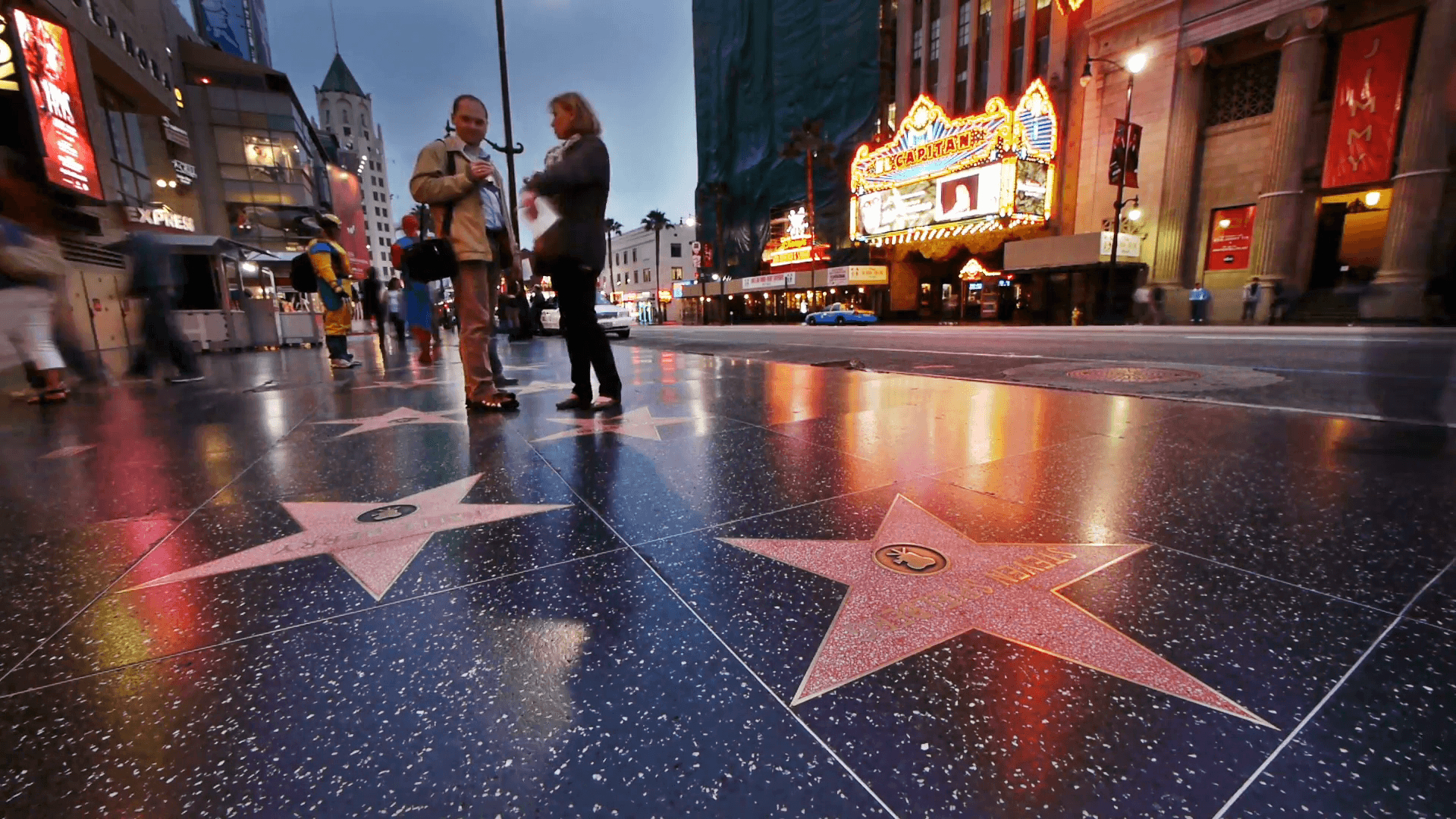 1920x1080 Hollywood Walk of Fame stars at dusk. Timelapse. Stock Video Footage, Desktop