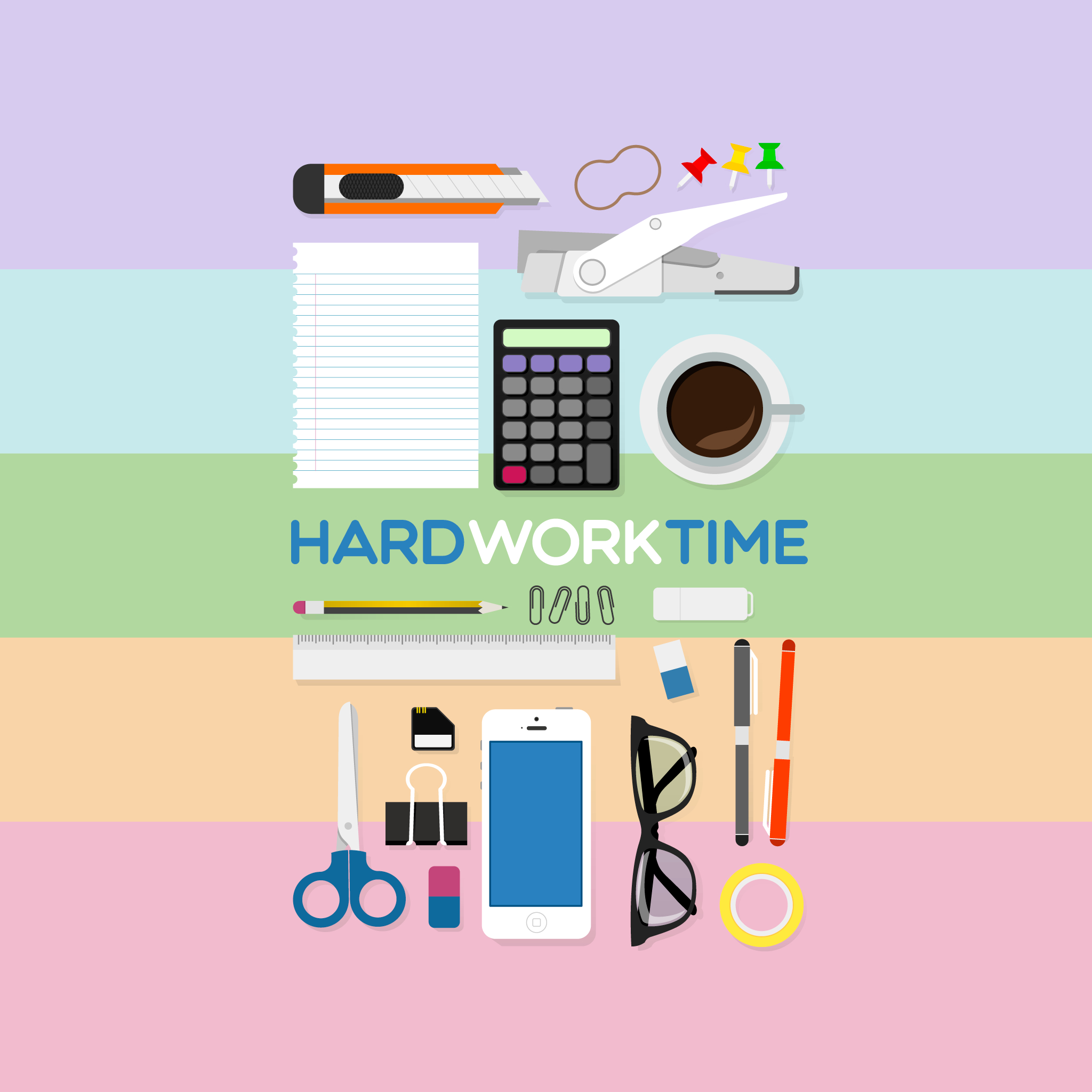 2050x2050 Wallpaper, time, glasses, artwork, scissors, office, Phone