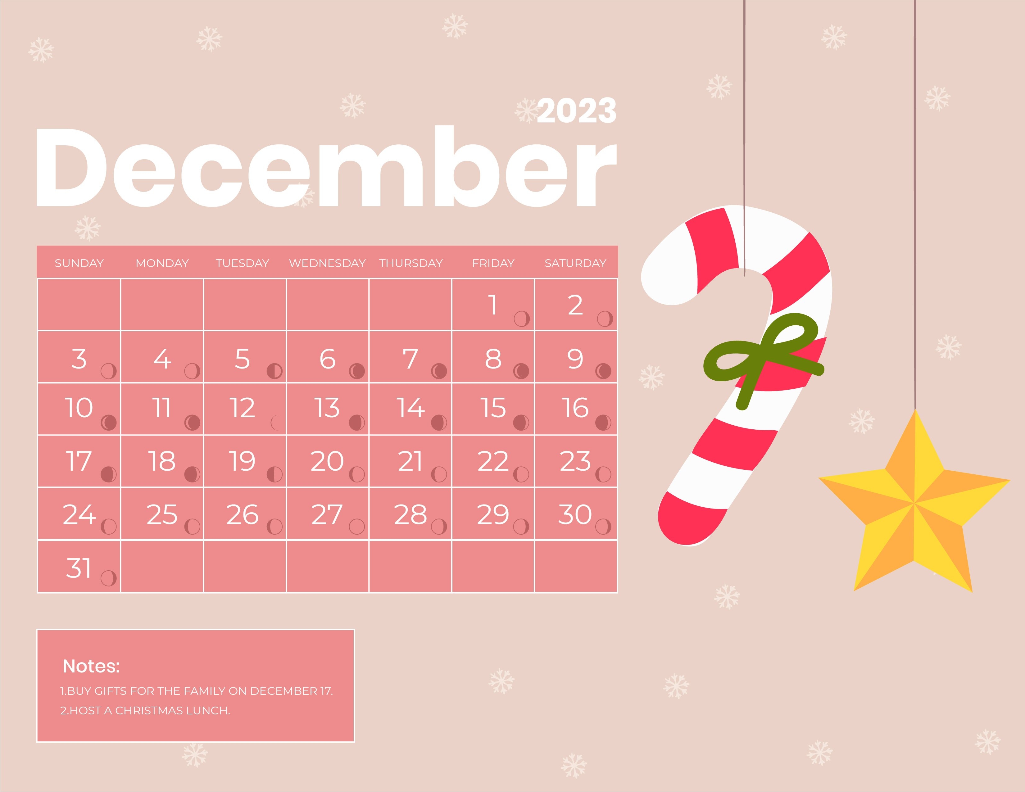 3310x2560 December 2023 Calendar With Moon Phases in Word, Google Docs, Illustrator, EPS, SVG, JPG, Desktop