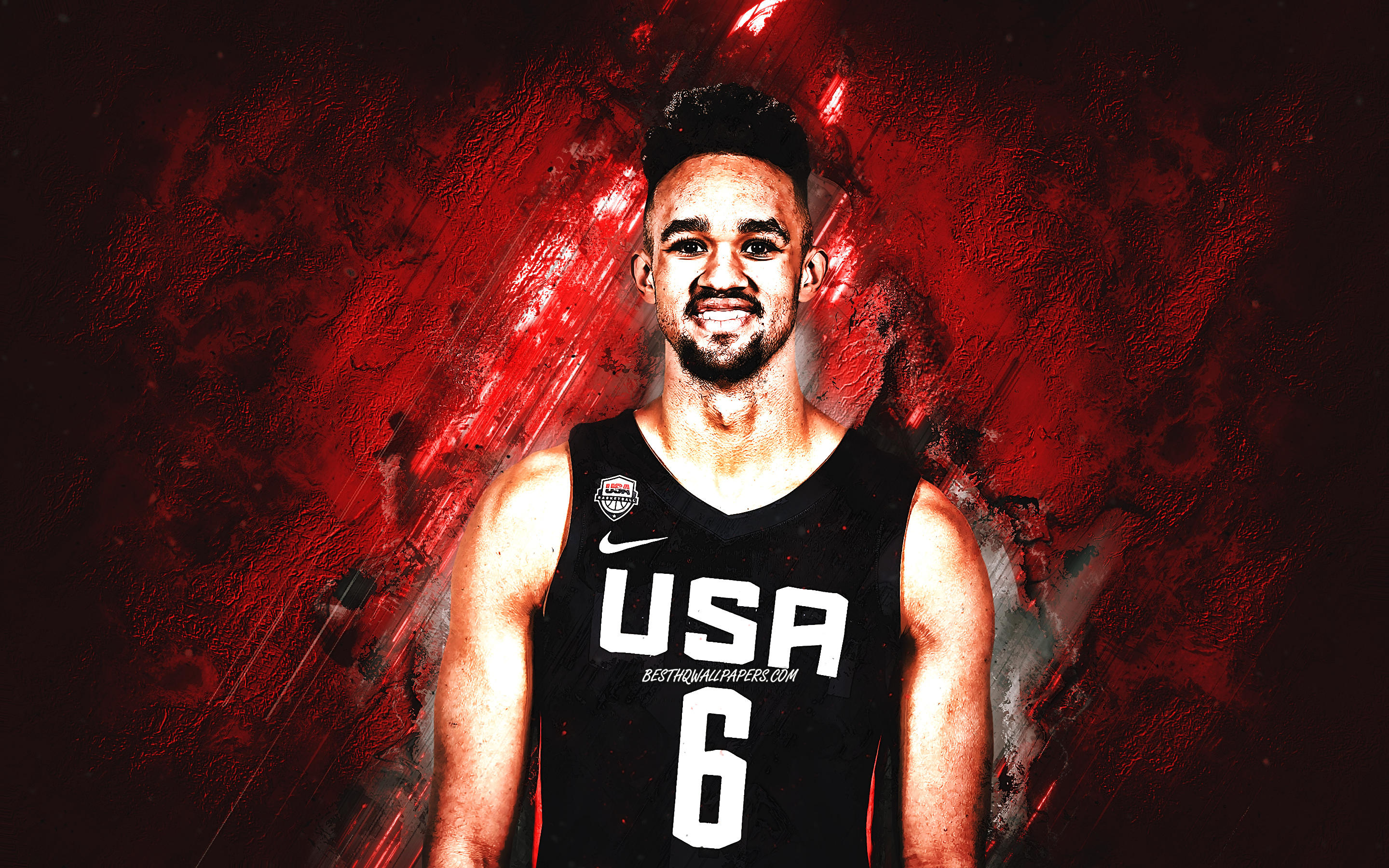 2880x1800 Download wallpaper Derrick White, USA national basketball team, USA, American basketball player, portrait, United States Basketball team, red stone background for desktop with resolution. High Quality HD picture wallpaper, Desktop