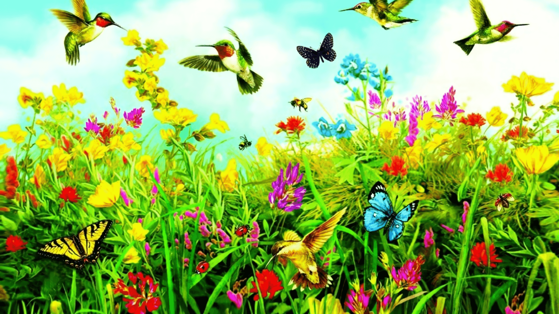 1920x1080 Birds Butterflies and Flowers Spring Nature Art Wallpaper, Desktop