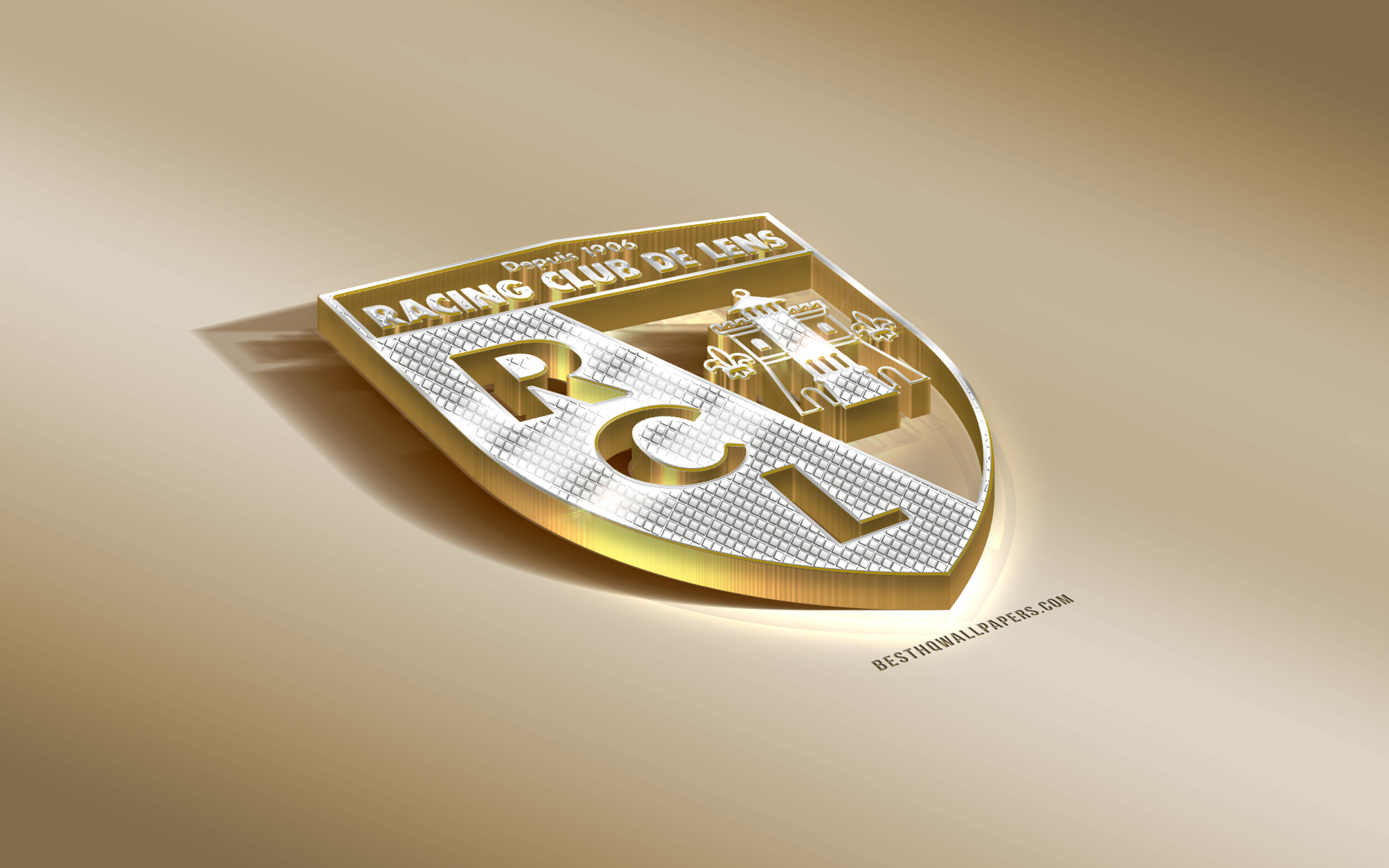 2560x1600 Download wallpaper RC Lens, French football club, golden silver logo, Lens, France, Ligue 3D golden emblem, creative 3D art, football, Racing club de Lens for desktop with resolution. High Quality, Desktop