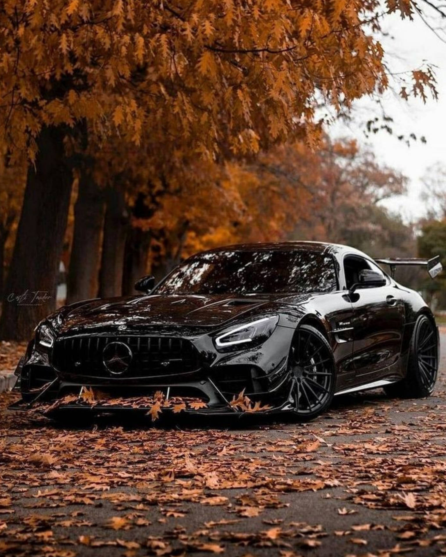 1540x1920 Download “Sleek Black Mercedes AMG GTR Showcasing its Majestic Power Amidst the Natural Tranquility Wallpaper, Phone