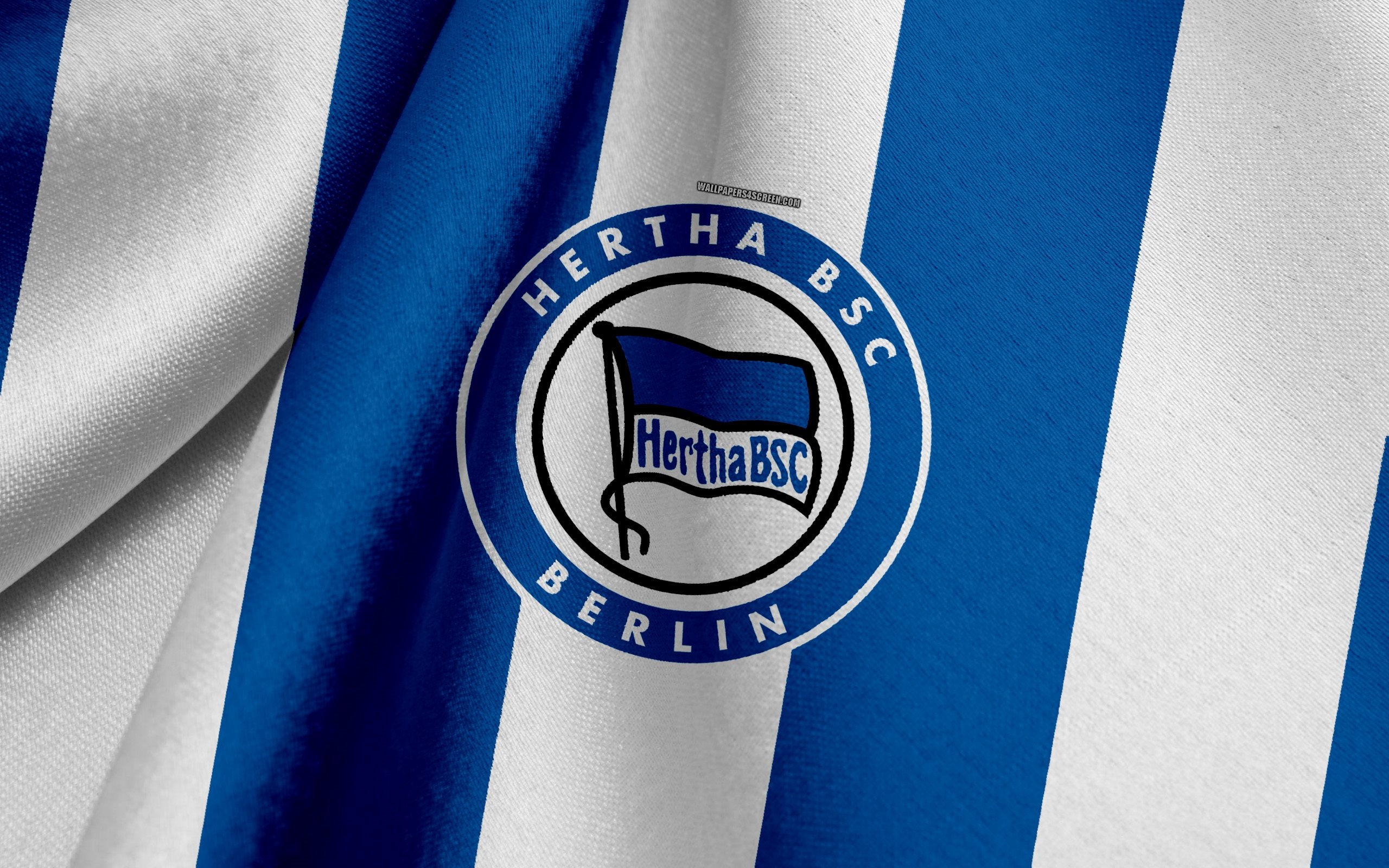 2560x1600 Download wallpaper Hertha BSC, German football team, blue white flag, emblem, fabric texture, logo, Bundesliga, Berlin, Germany, football, Hertha FC for desktop with resolution. High Quality HD picture wallpaper, Desktop