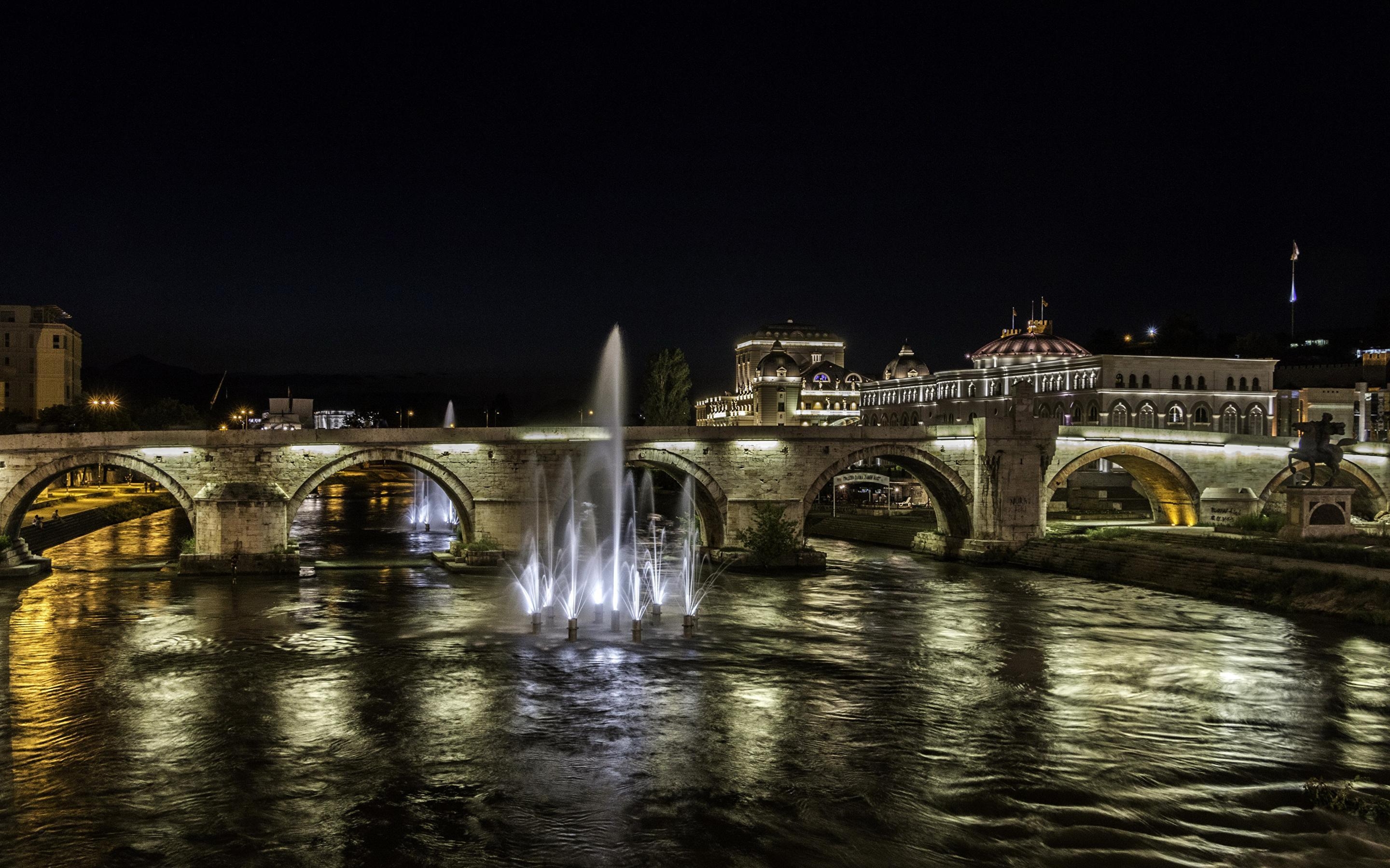 2880x1800 Picture Skopje Macedonia Bridges Night Rivers Cities, Desktop