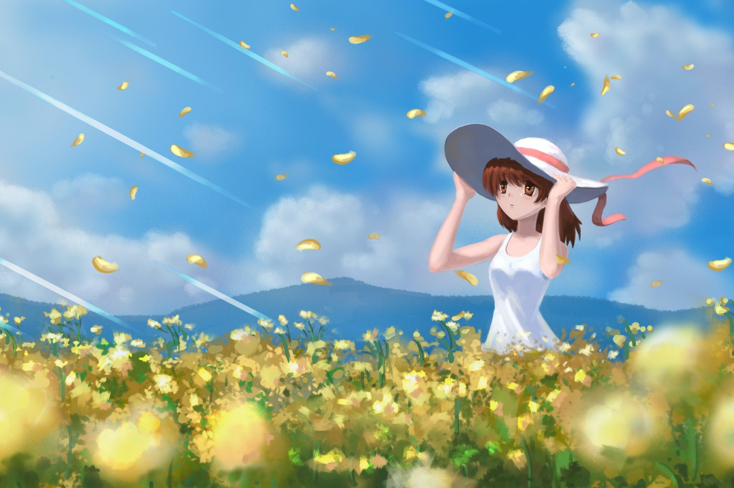 2810x1870 Download  Furukawa Nagisa, Clannad, Field, Hat, Clouds, Desktop