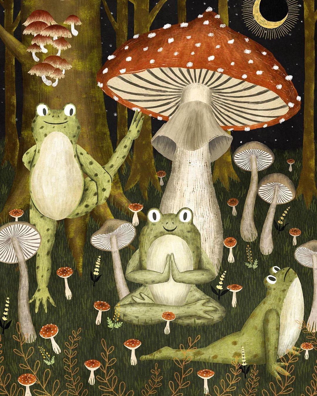 1080x1350 forest yoga. Giclée Art Print, 5x 8x 11x14. Frog art, Cute art, Mushroom art, Phone