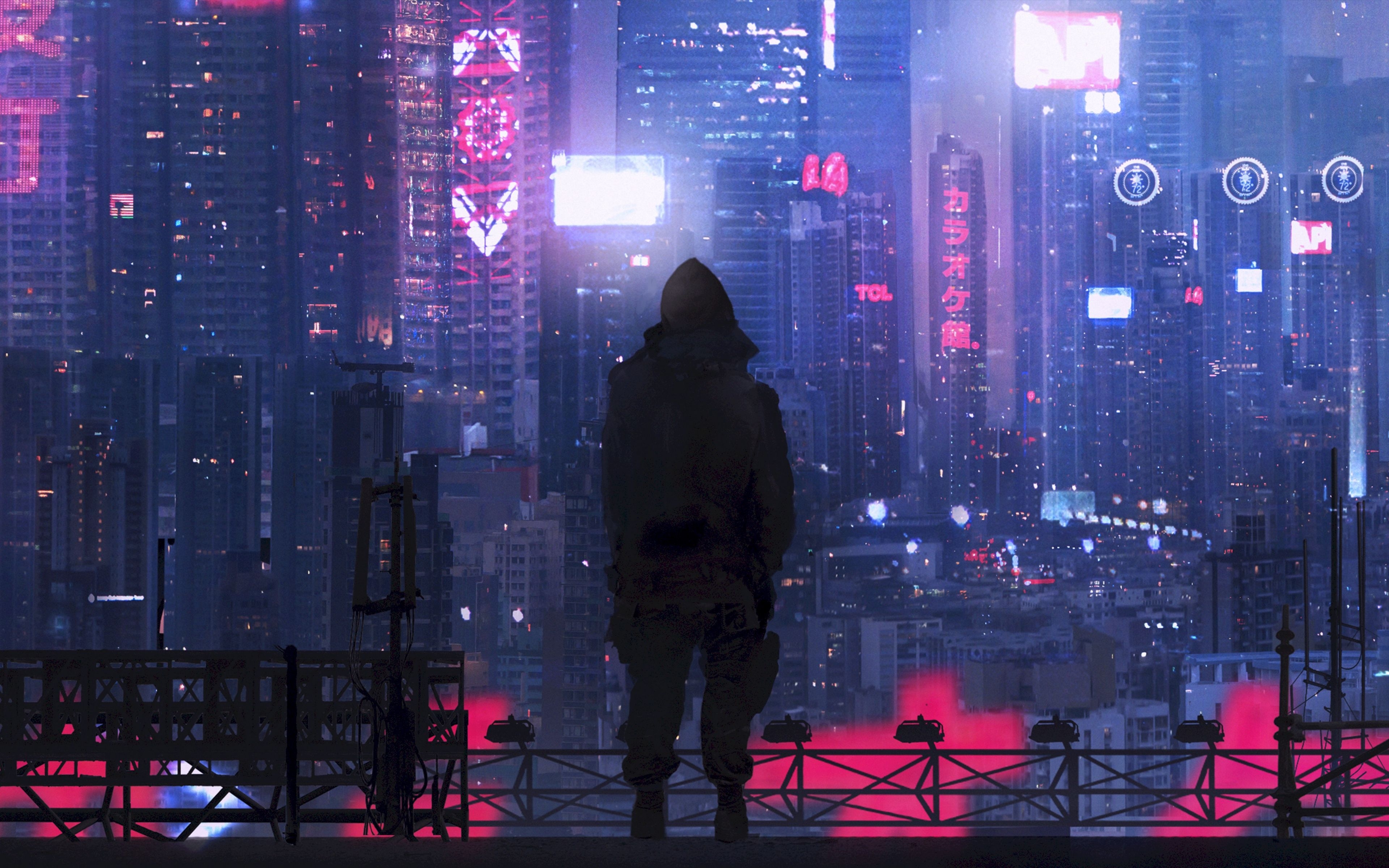 3840x2400 Download wallpaper  city, silhouette, art, cyberpunk, Desktop