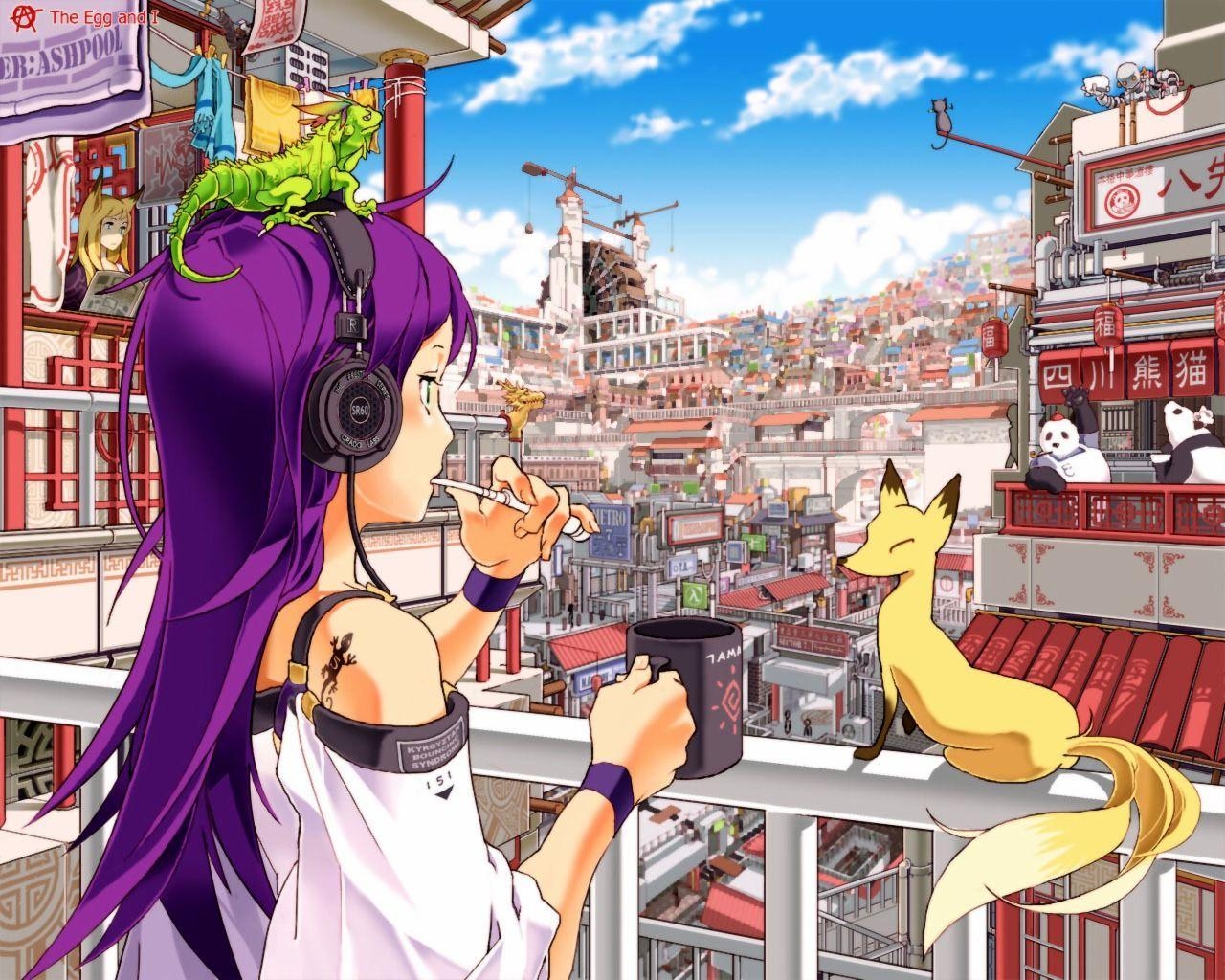 1280x1030 Anime City Tattoo Purple Hair Headphones Kitsune HD Wallpaper, Desktop