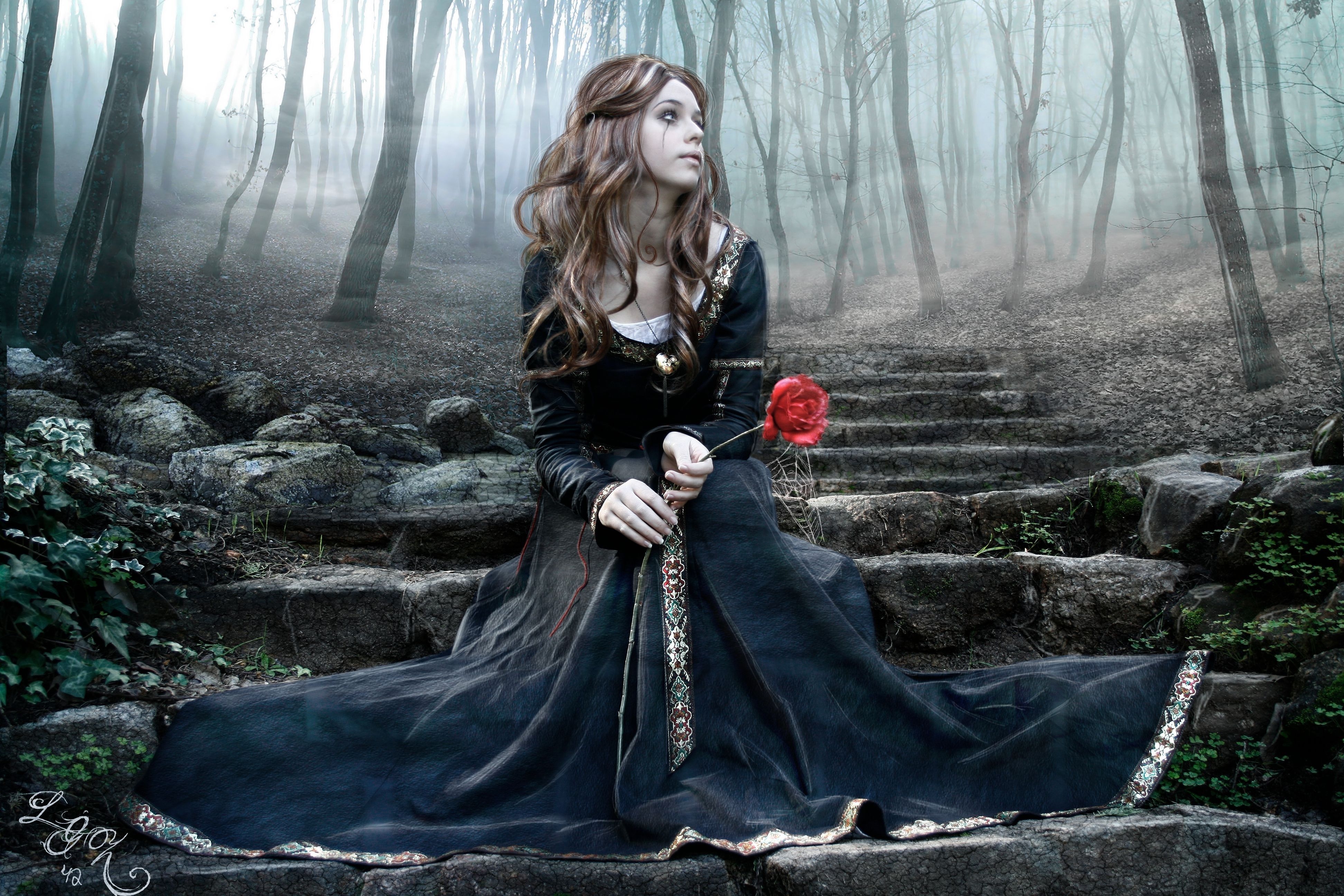 3890x2600 Goth Woman in a Long Black Dress Sitting on Stairs in a Foggy, Desktop