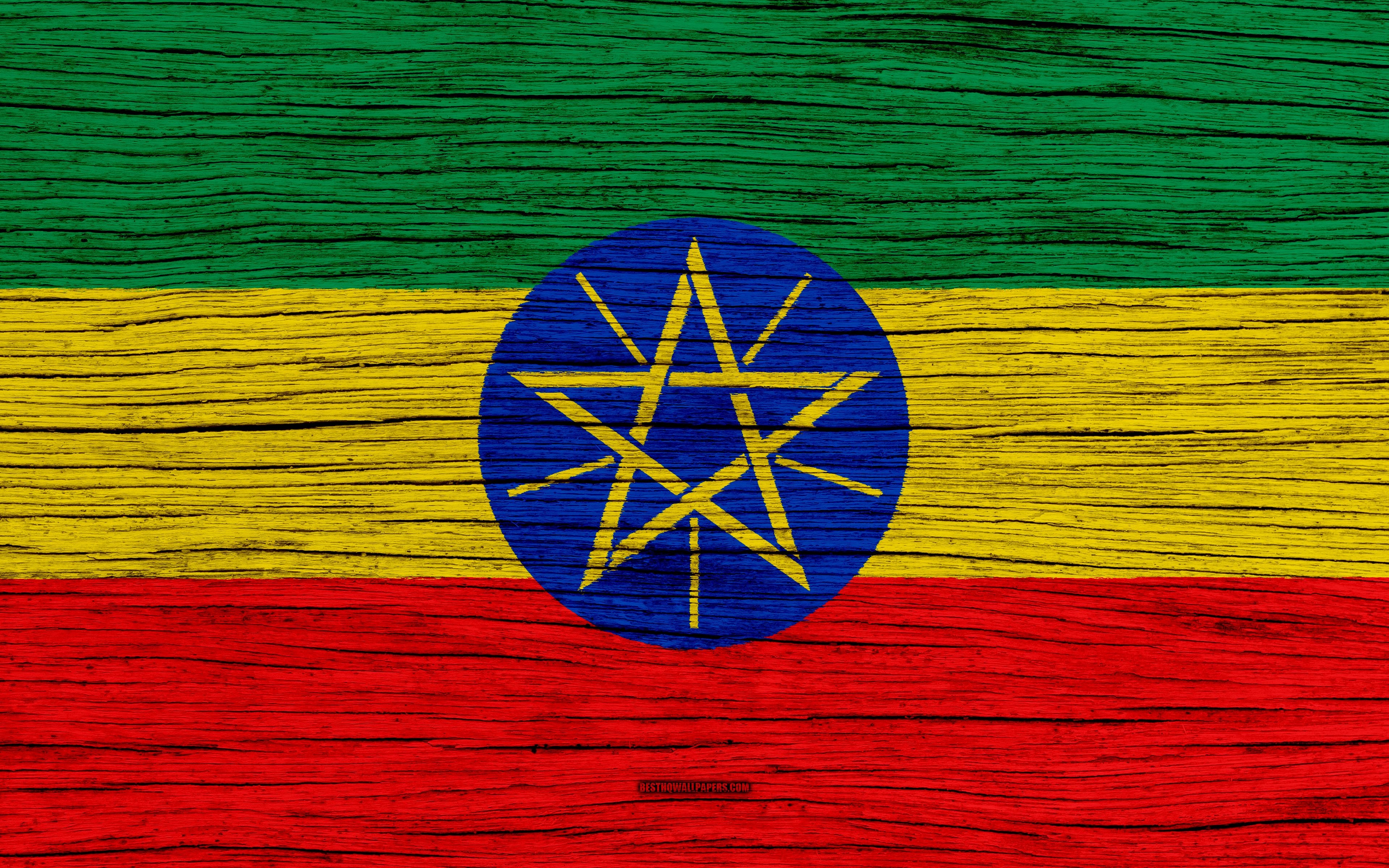 3840x2400 Download wallpaper Flag of Ethiopia, 4k, Africa, wooden texture, Desktop