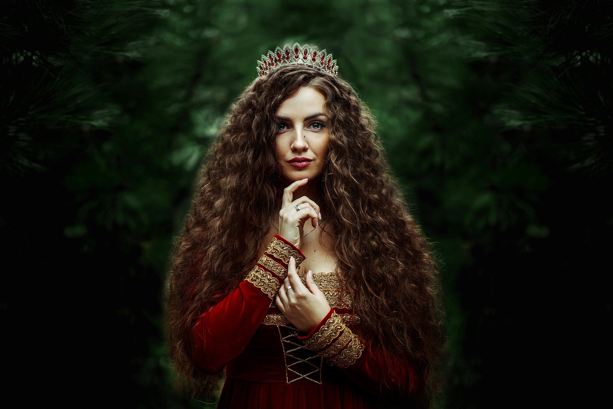 2050x1370 Women Model Fantasy Girl Long Hair Curly Hair Brunette Crown Queen Royalty Wallpaper:, Desktop