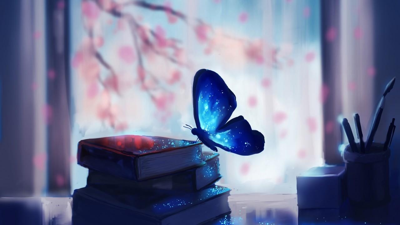 1280x720 Wallpaper Blue, Butterfly, Books, Fantasy, 4K, Creative, Desktop