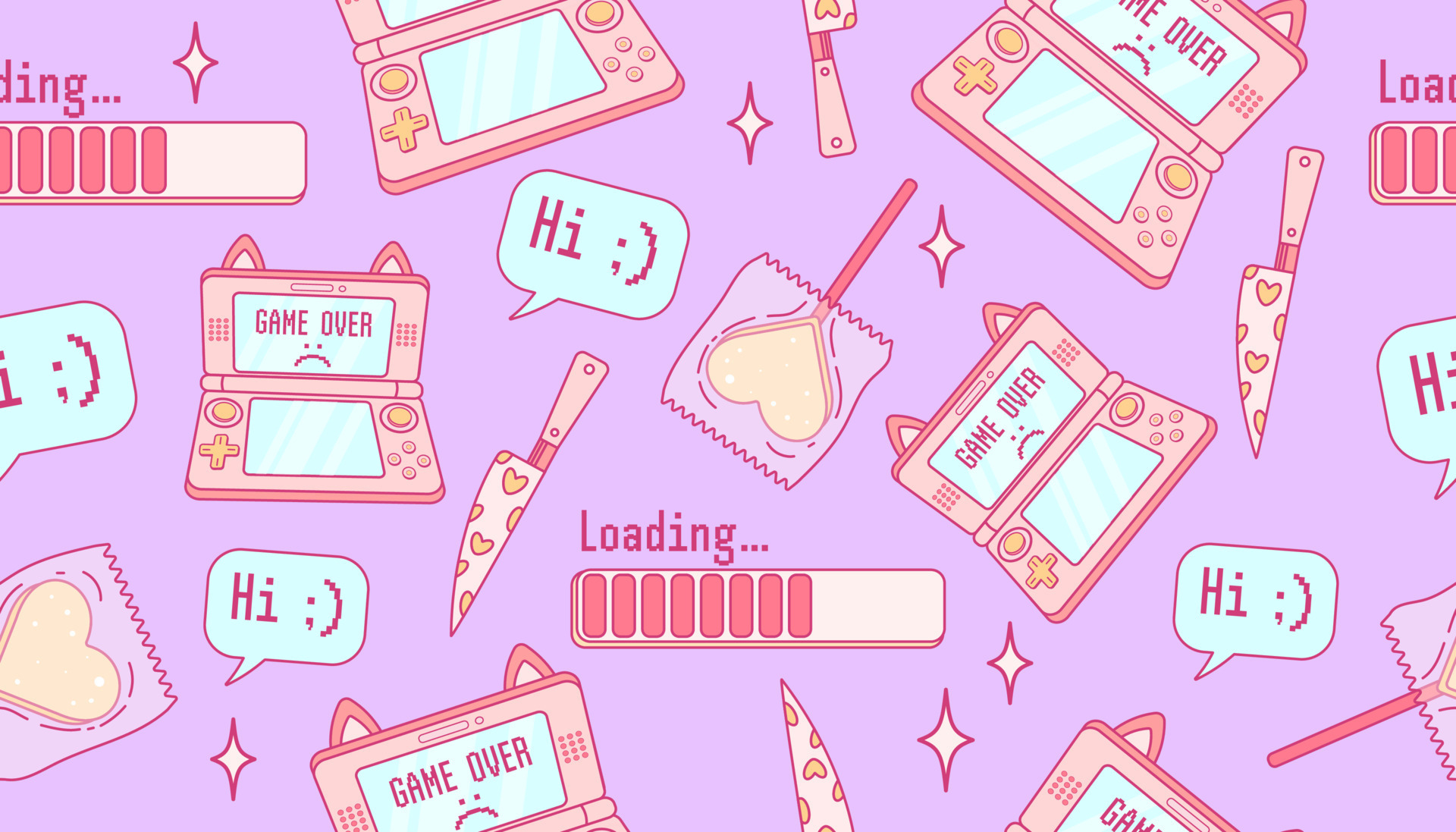 1920x1100 Cute seamless pattern in trendy retro y2k style. Gamer kawaii elements. Old game technology. Glamour 2000s. Nostalgia for 1990s -2000s, Desktop