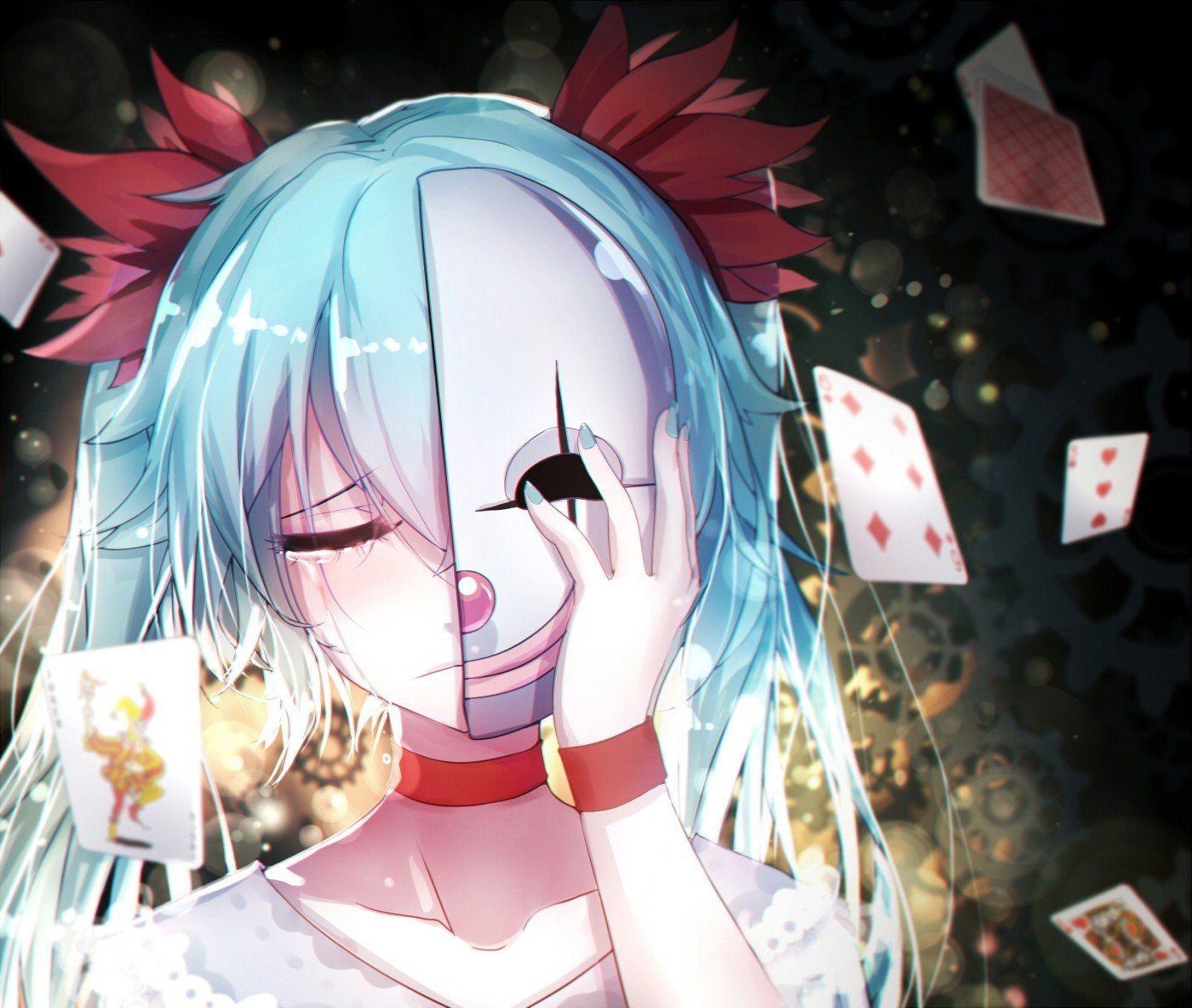 1400x1190 anime girls, Vocaloid, Hatsune Miku, Mask, Tears Wallpaper HD, Desktop