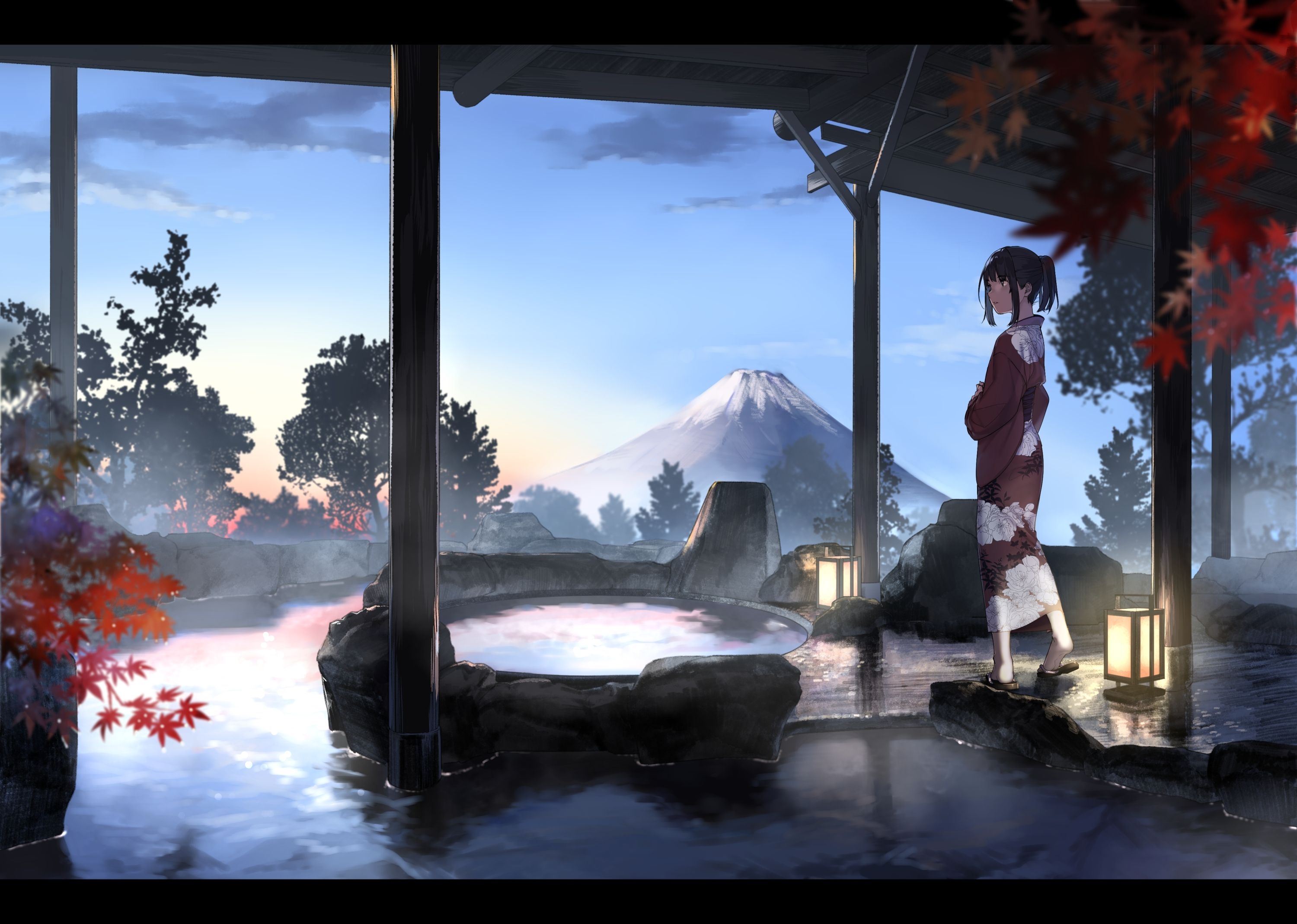 3000x2140 Wallpaper Anime Girl, Kimono, Japanese Hot Spring, Desktop