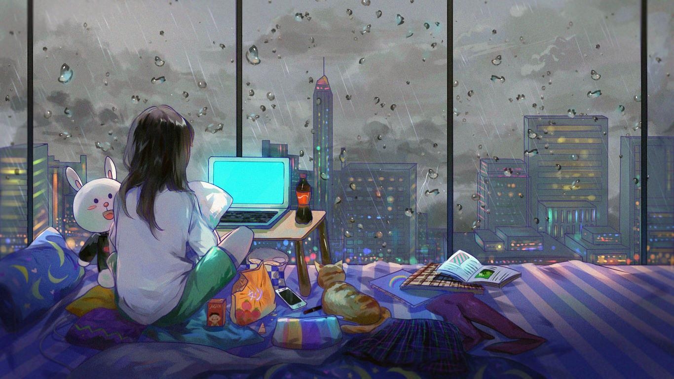 1370x770 Anime Girl Room City Cat  Resolution HD 4k, Desktop