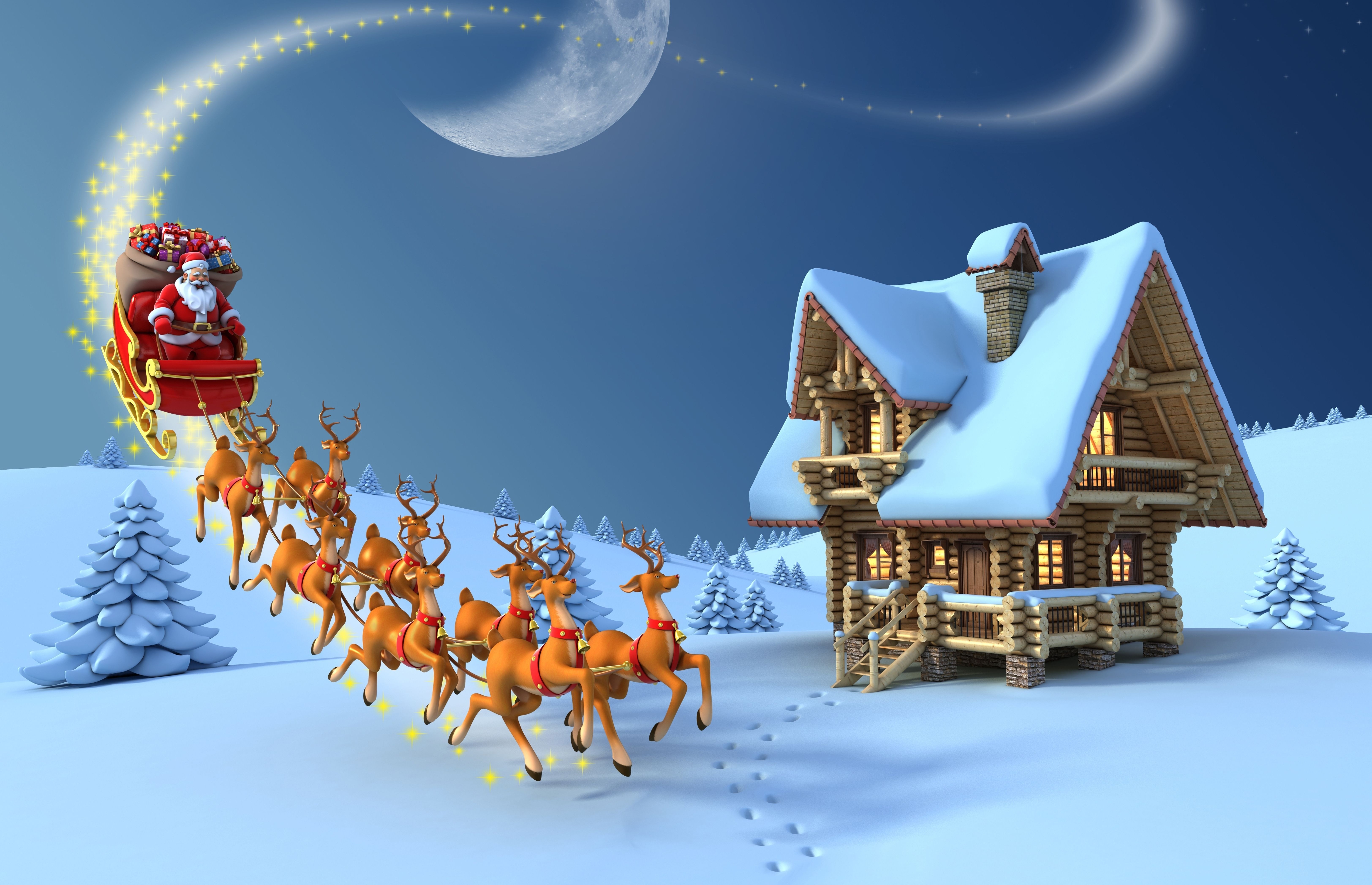 6500x4190 Christmas Reindeer Santa Claus Wooden House Vector Snow Wallpaper HD, Desktop