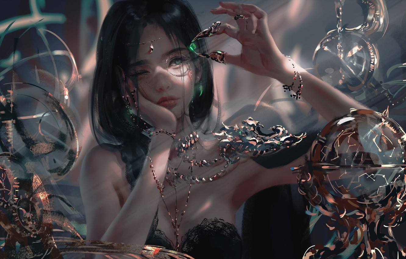 1340x850 Download wallpaper girl, fantasy, green eyes, brunette, digital art, artwork, princess, fantasy art, jewelry, fantasy girl, bare shoulders, Ghost blade, Wlop, emeralds, monocle, section fantasy in resolution 1024x1024, Desktop