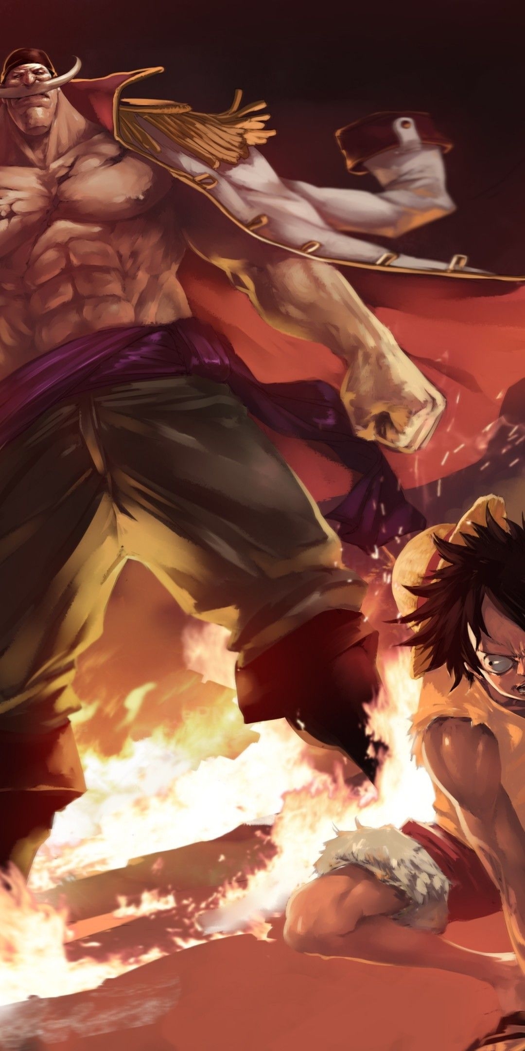 1080x2160 Download  One Piece, Monkey D. Luffy, Whitebeard, Edward Newgate, Fire Wallpaper for Huawei Mate 10, Phone