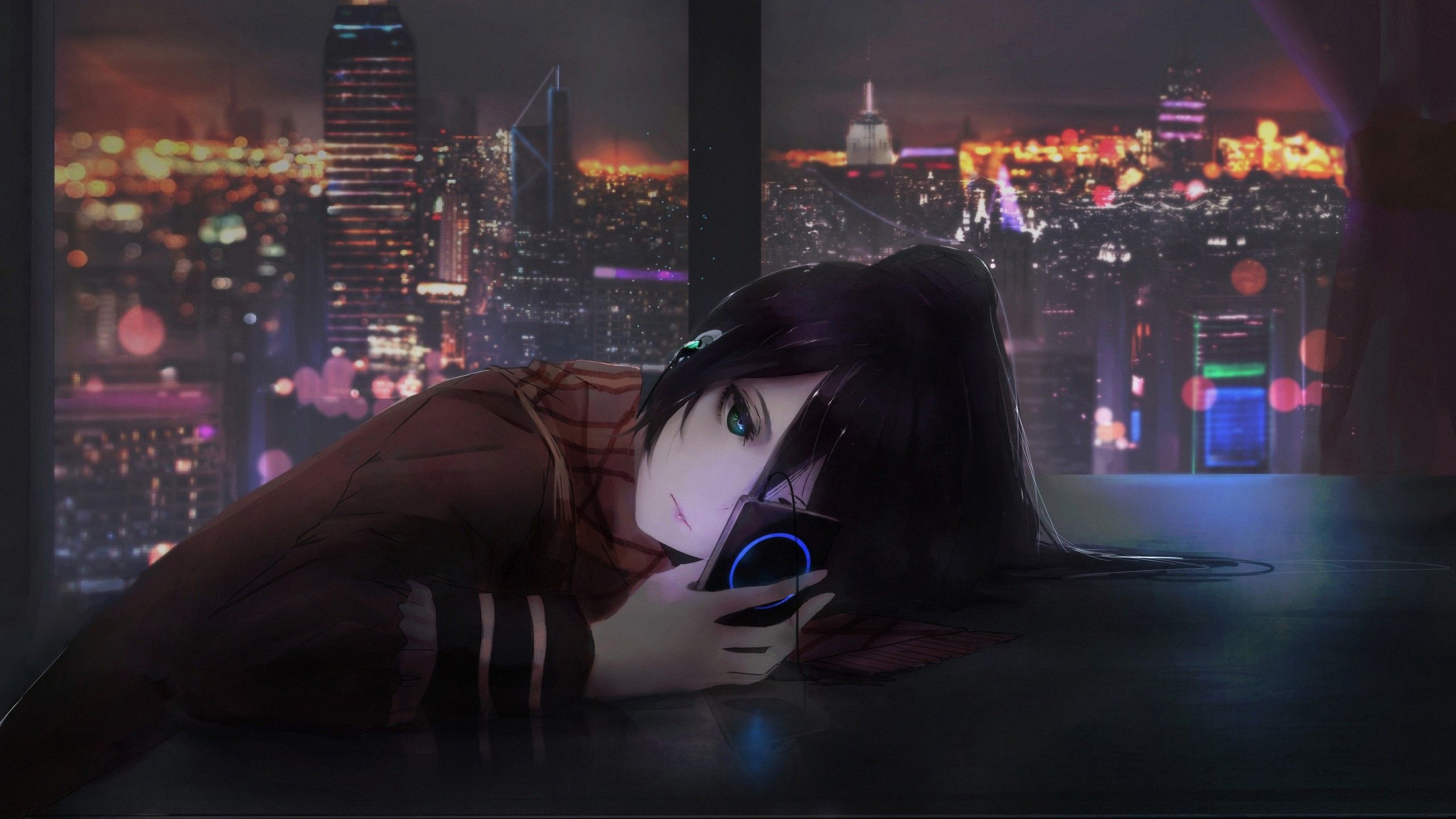 2560x1440 Wallpaper anime, girl, night, 4K, Art, Desktop