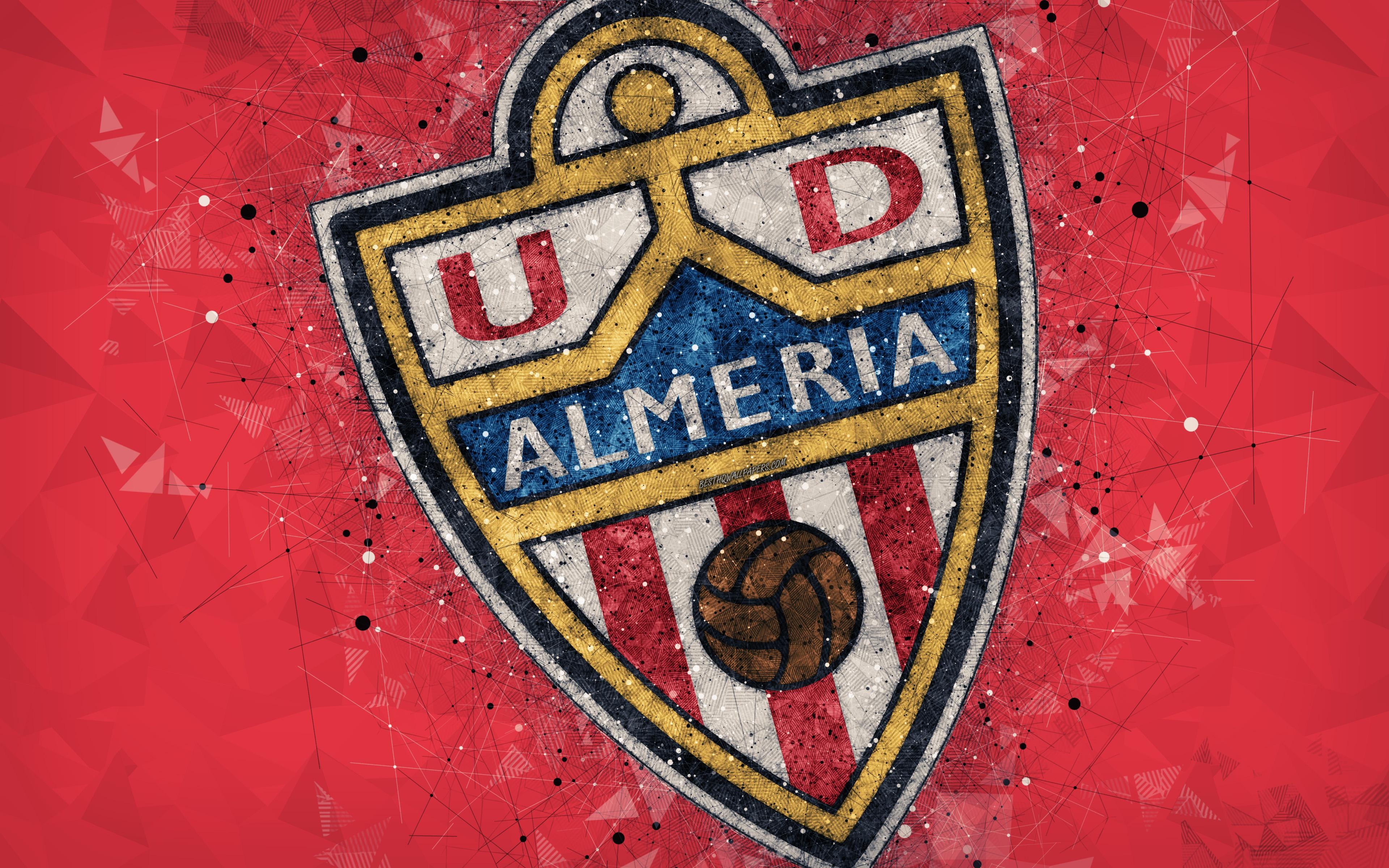 3840x2400 Download wallpaper UD Almeria, 4k, geometric art, logo, red, Desktop