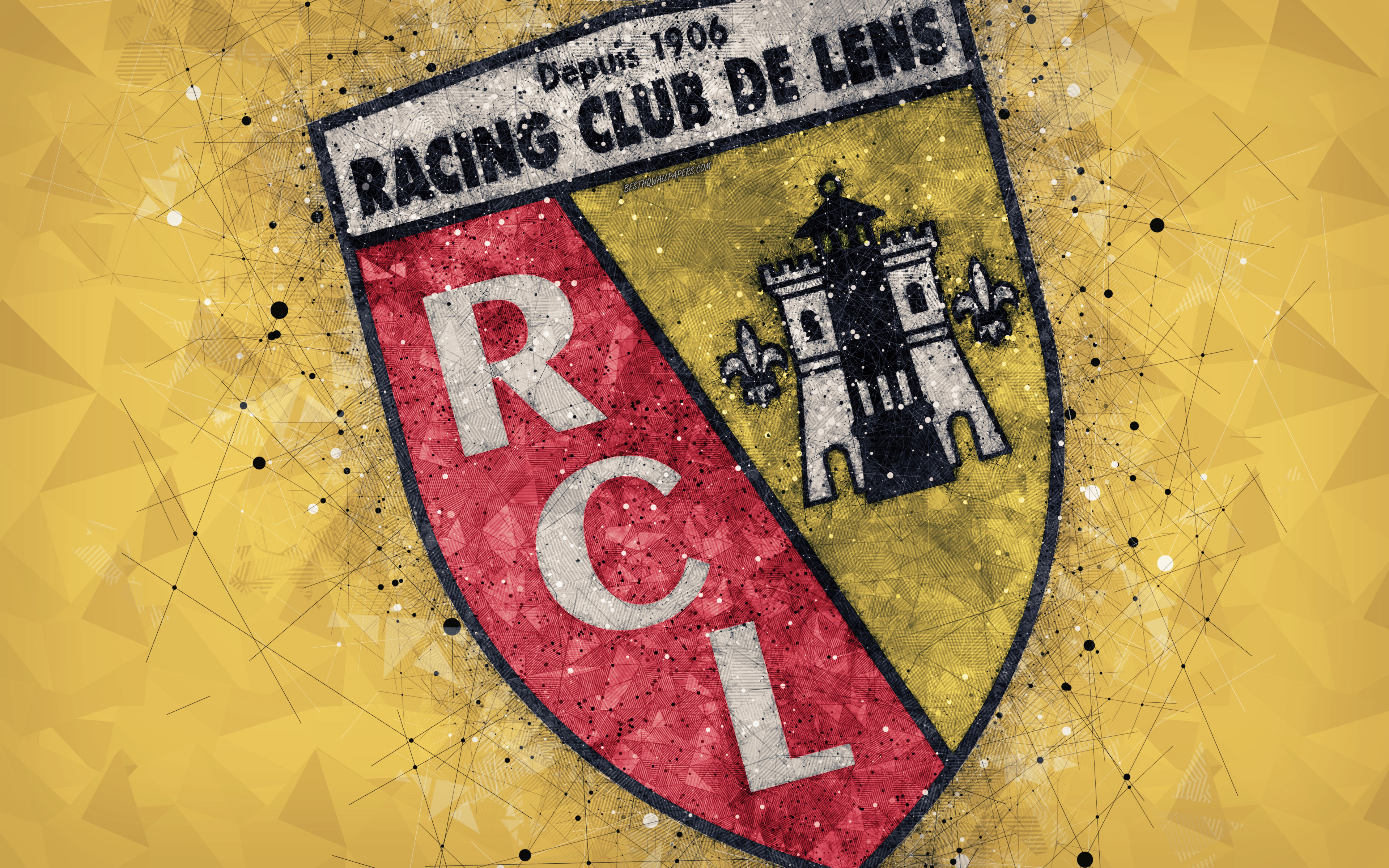 3840x2400 Download wallpaper RC Lens, 4k, logo, geometric art, French football club, yellow abstract background, Ligue Lens, France, football, creative art, Racing Club de Lens for desktop with resolution. High Quality, Desktop