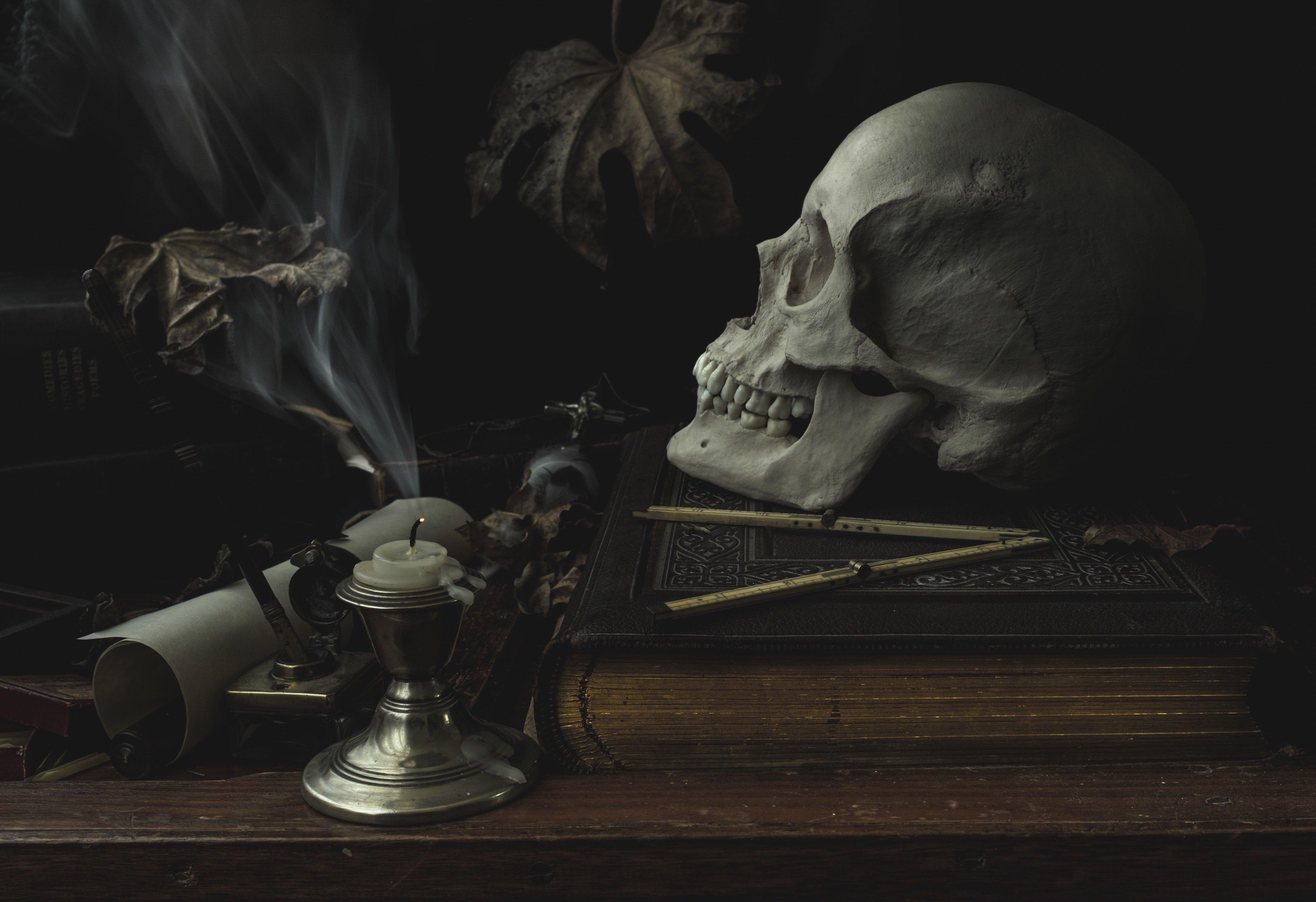 4180x2870 skull, Candles, Gothic, Book, Fantasy, Dark Wallpaper HD, Desktop