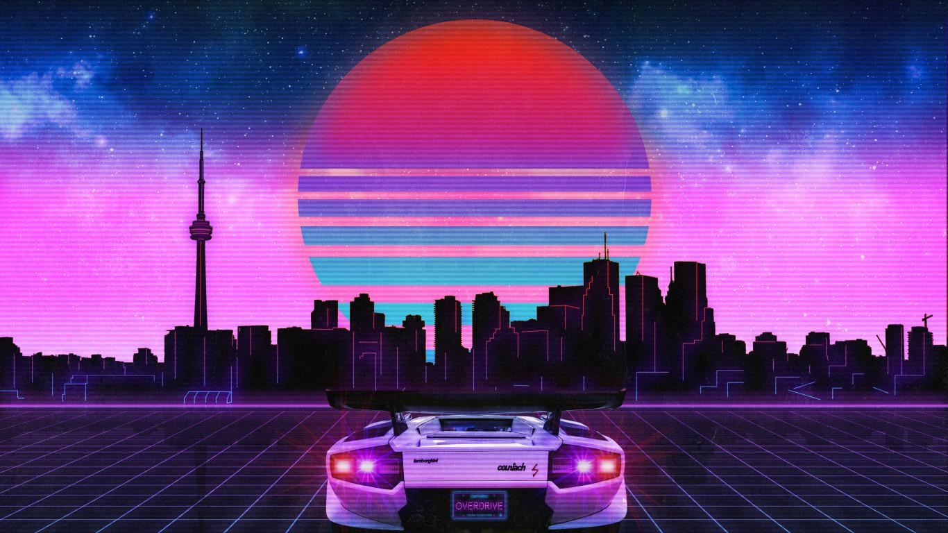 1370x770 Retro Wave Lamborghini Neon City 5k  Resolution, Desktop