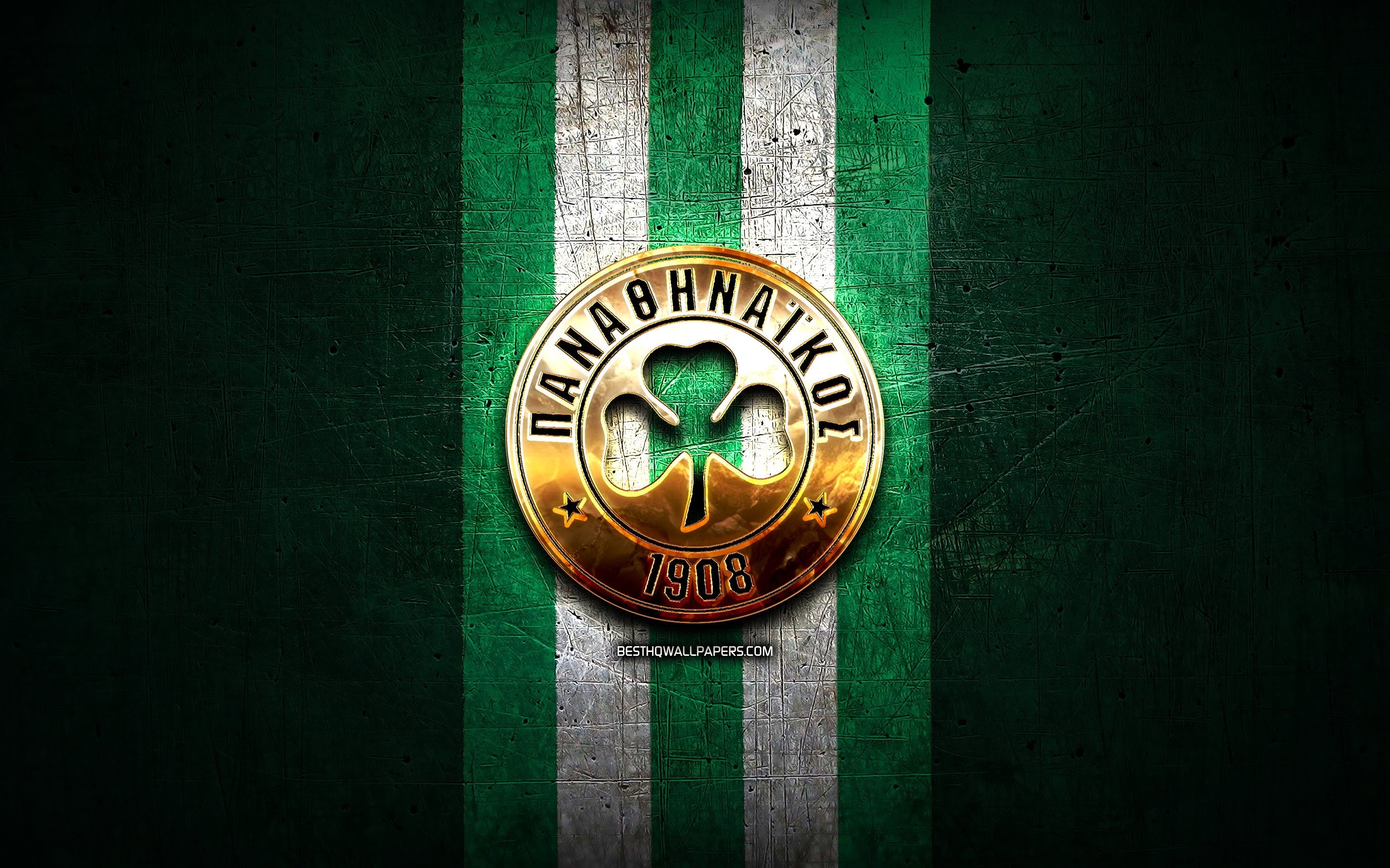 2880x1800 Download wallpaper Panathinaikos FC, golden logo, Super League Greece, green metal background, football, Panathinaikos, greek football club, Panathinaikos logo, soccer, Greece for desktop with resolution. High Quality HD picture wallpaper, Desktop