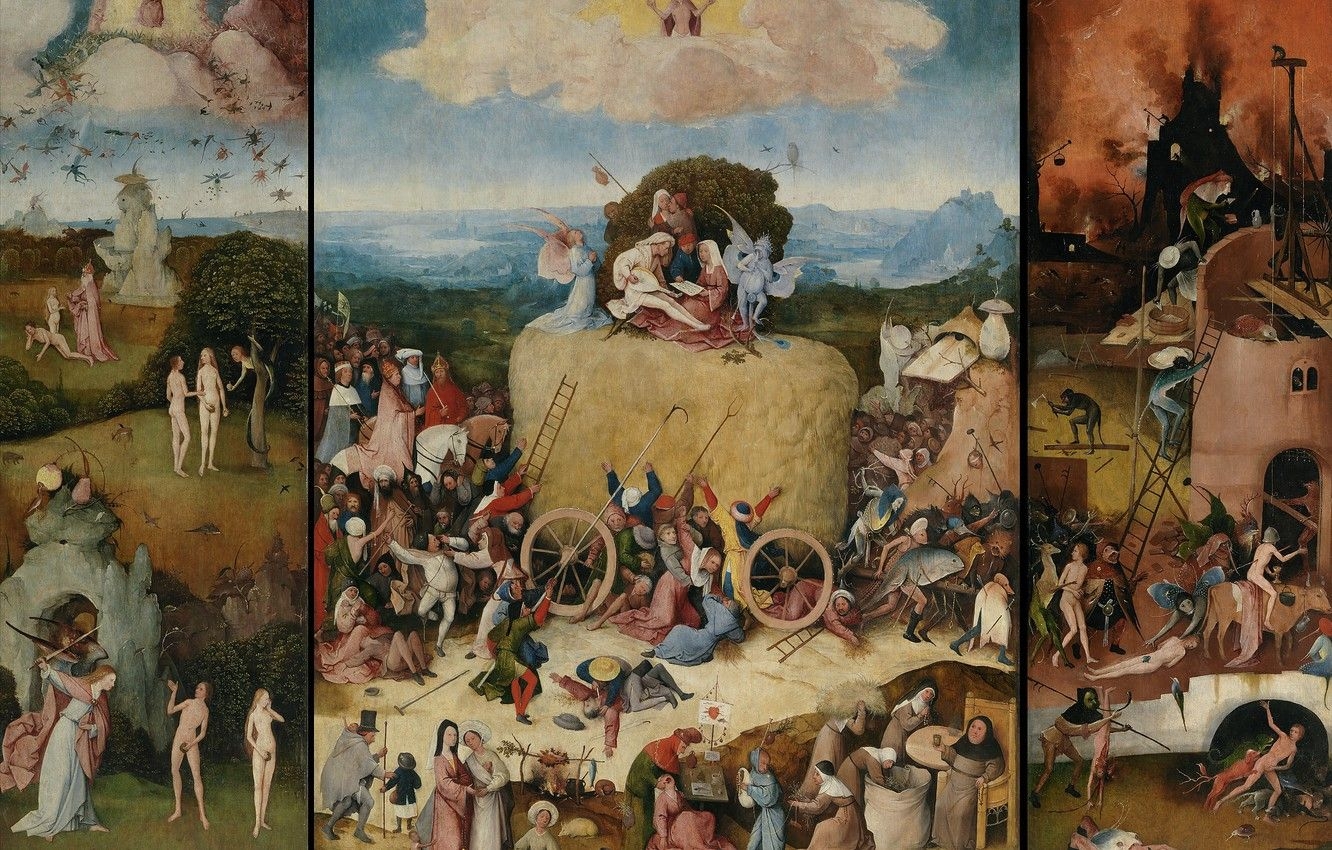 1340x850 Wallpaper Hieronymus Bosch, right wing, 1490- The triptych 'the hay', Left wing with the fall of the angels image for desktop, section живопись, Desktop