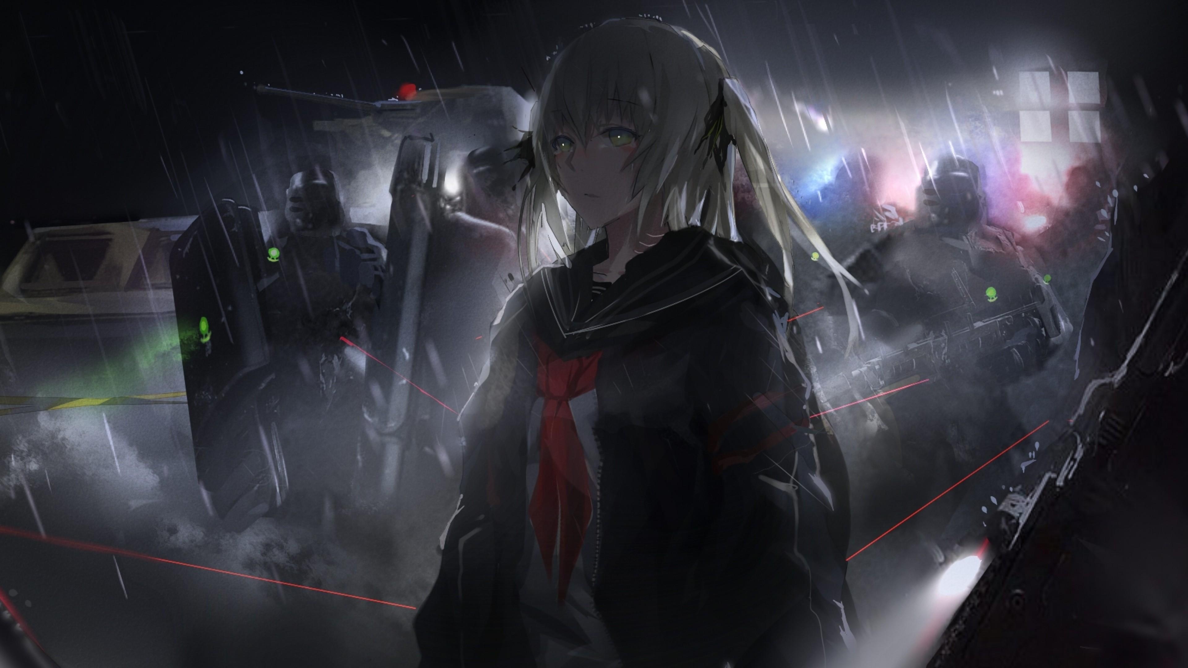 3840x2160 Anime Girl, Soldiers, Raining, Dark Theme, Guns Wallpaper, Desktop