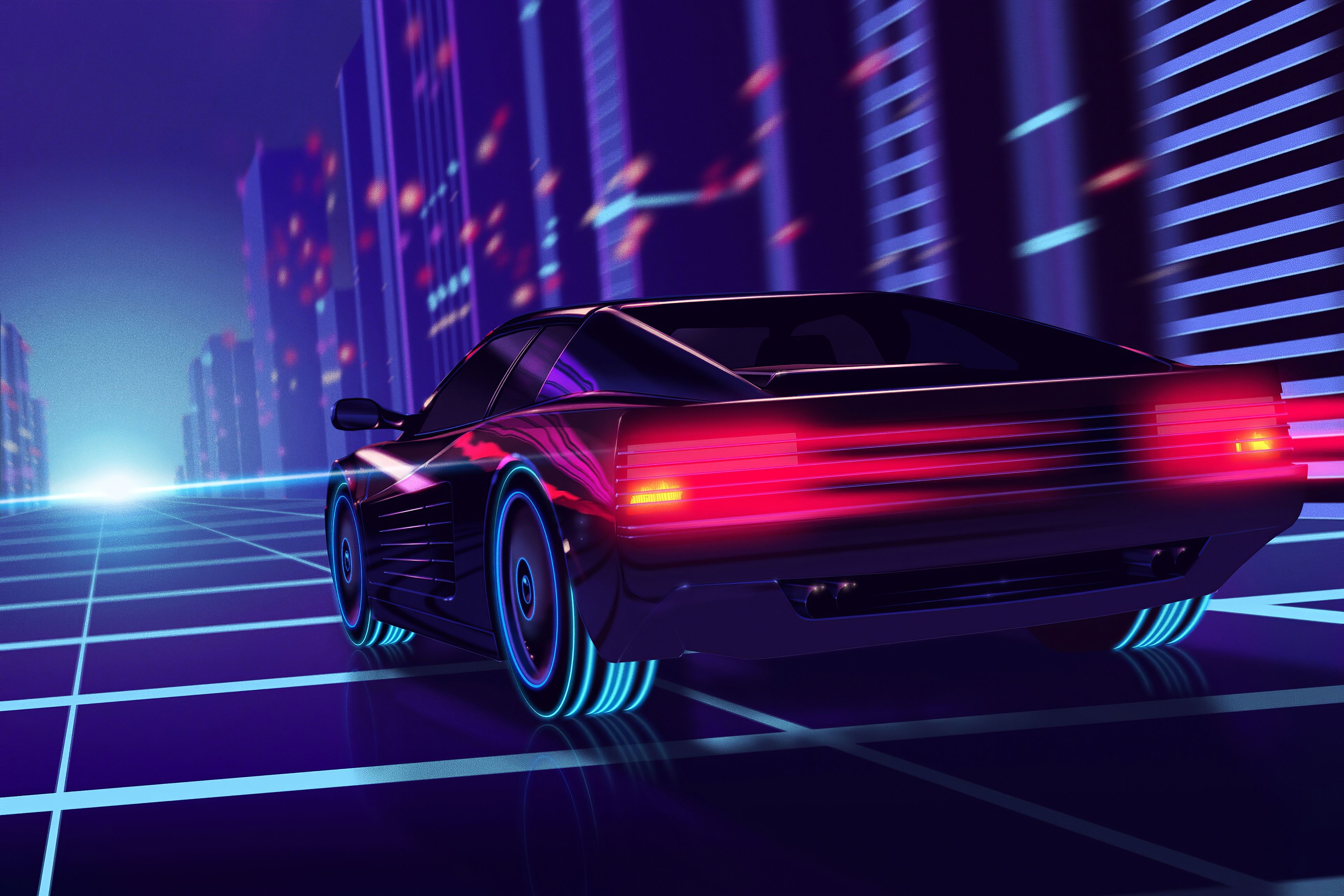 3840x2560 Wallpaper Synthwave, RetroWave art, Neon, Racing car, Night, 4K, Desktop