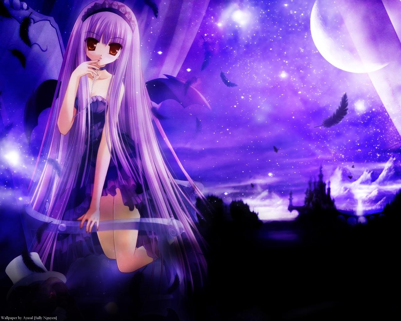 1280x1030 feathers purple hair anime girls  wallpaper High Quality, Desktop