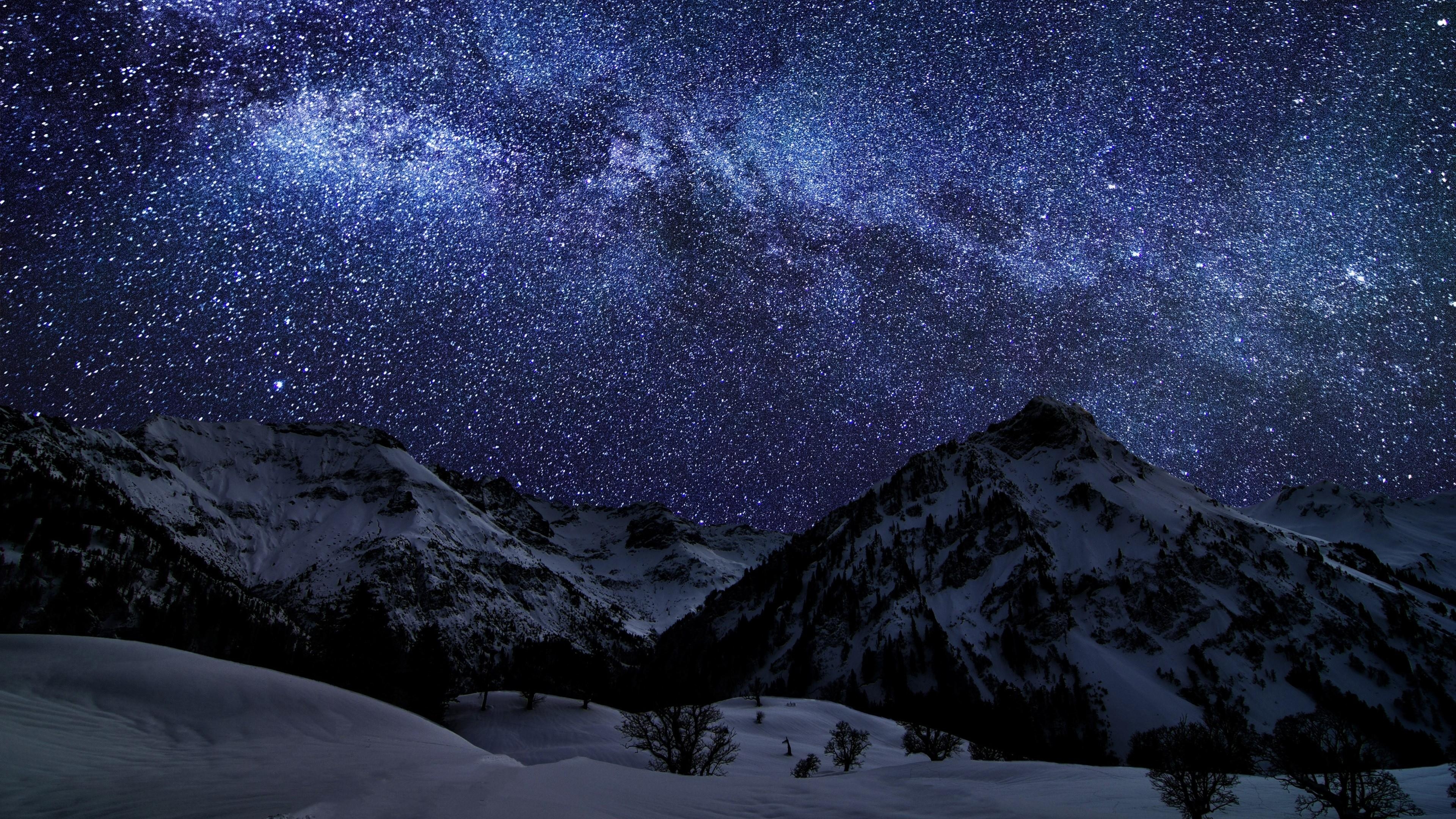 3840x2160 Wallpaper night sky, earth, sky, snow, stars, night, sea, mountain, cloud, light, Space, Desktop