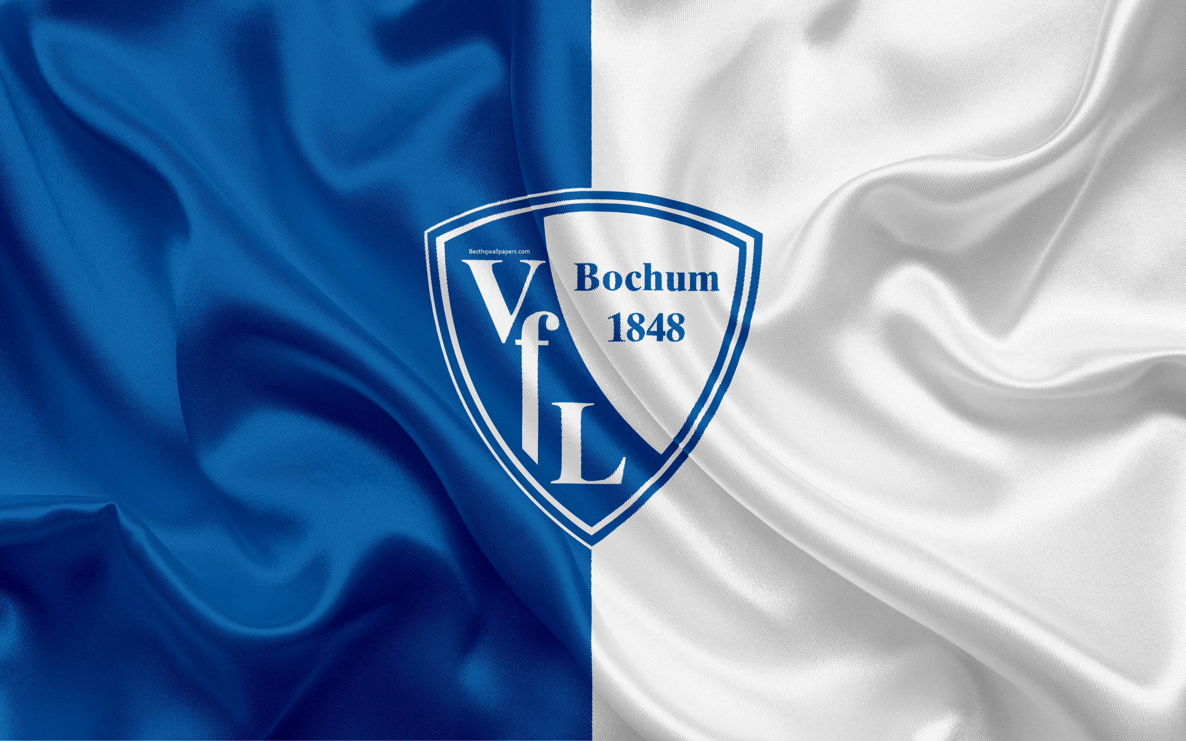 3840x2400 Download wallpaper VfL Bochum 4k, blue white silk flag, German football club, logo, emblem, 2 Bundesliga, football, Bochum, Germany, Second Bundesliga, Bochum FC for desktop with resolution. High Quality HD, Desktop