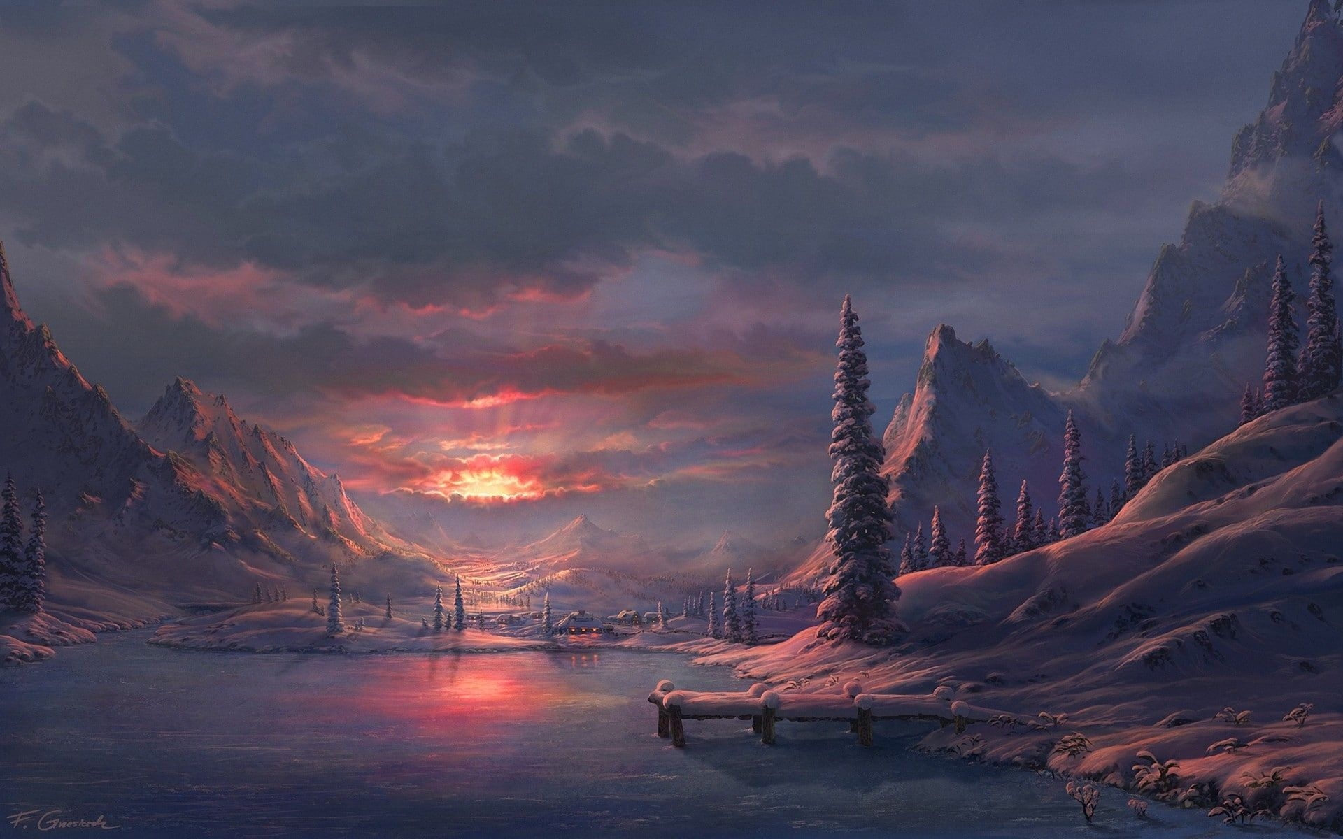 1920x1200 HD wallpaper: Drawing Sunset Snow Winter Trees Mountains Clouds HD, digital/ artwork. Winter sunset, Drawing sunset, Winter landscape, Desktop