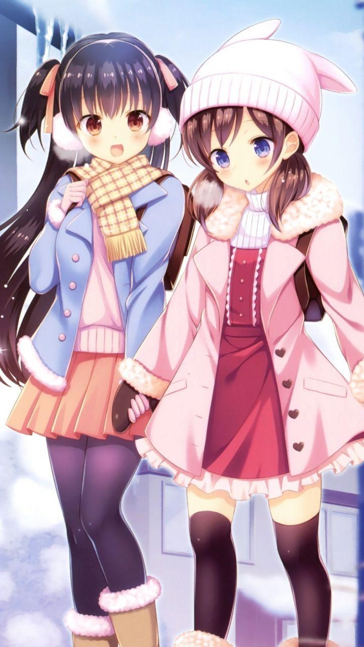 720x1280 Winter, outdoor, girls, anime, friends,  wallpaper. Anime, Phone