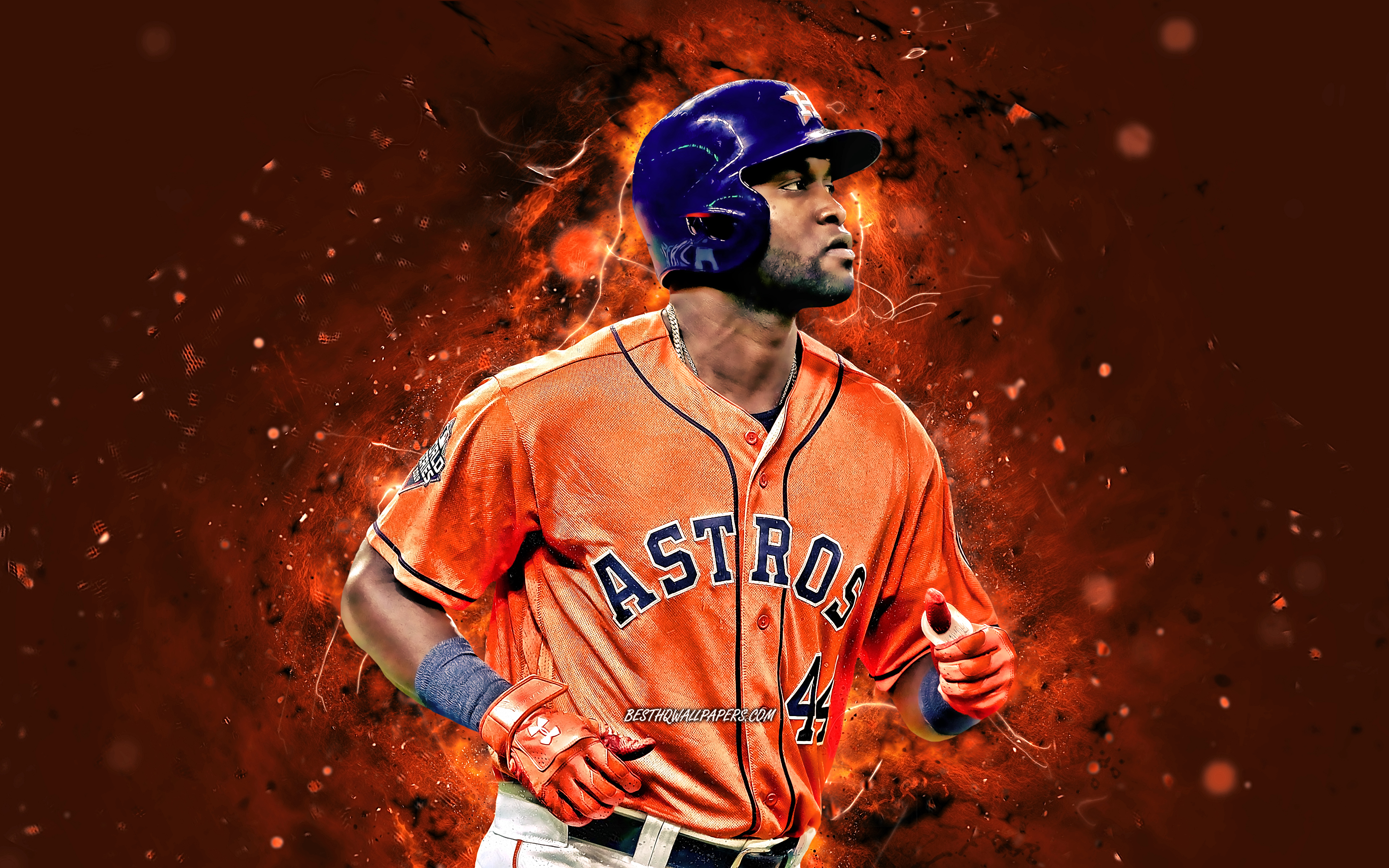 3840x2400 Download wallpaper Yordan Alvarez, 4k, MLB, Houston Astros, baseman, baseball, Yordan Ruben Alvarez, Major League Baseball, neon lights, Yordan Alvarez Houston Astros, Yordan Alvarez 4K for desktop with resolution. High Quality, Desktop